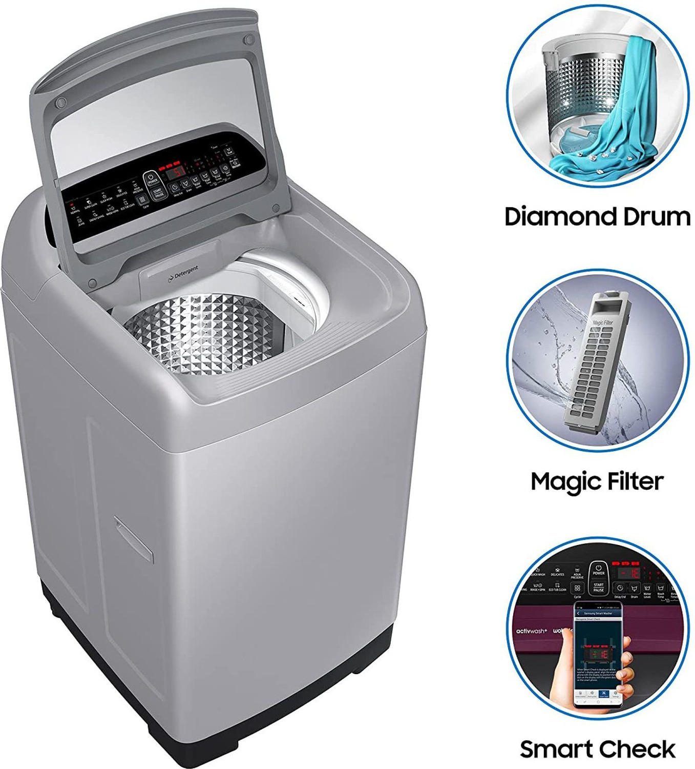 Image of Samsung 7 kg 5 Star Inverter with Diamond Drum Fully Automatic Top Load Washing Machine Silver