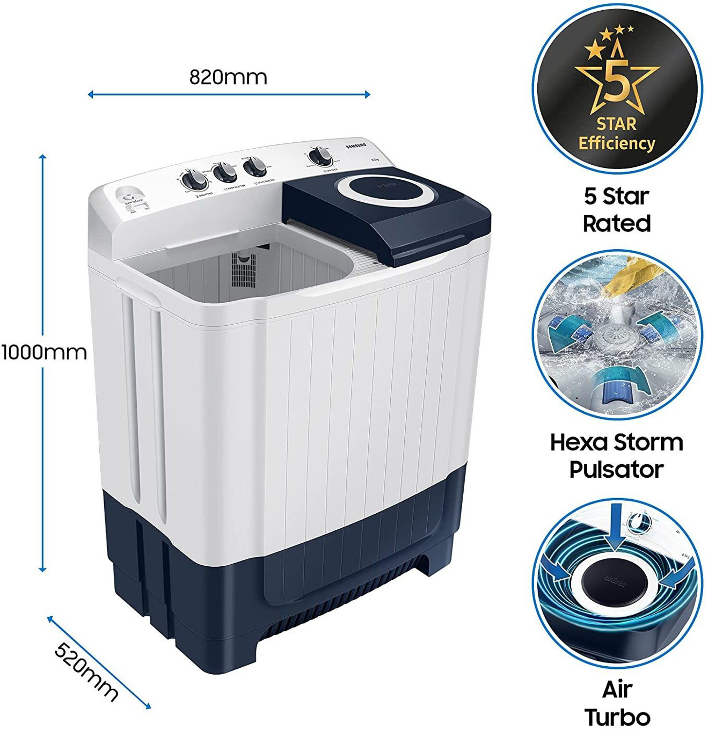 Image of Samsung 8.5 kg 5 star Semi Automatic Top Load Washing Machine White, Grey