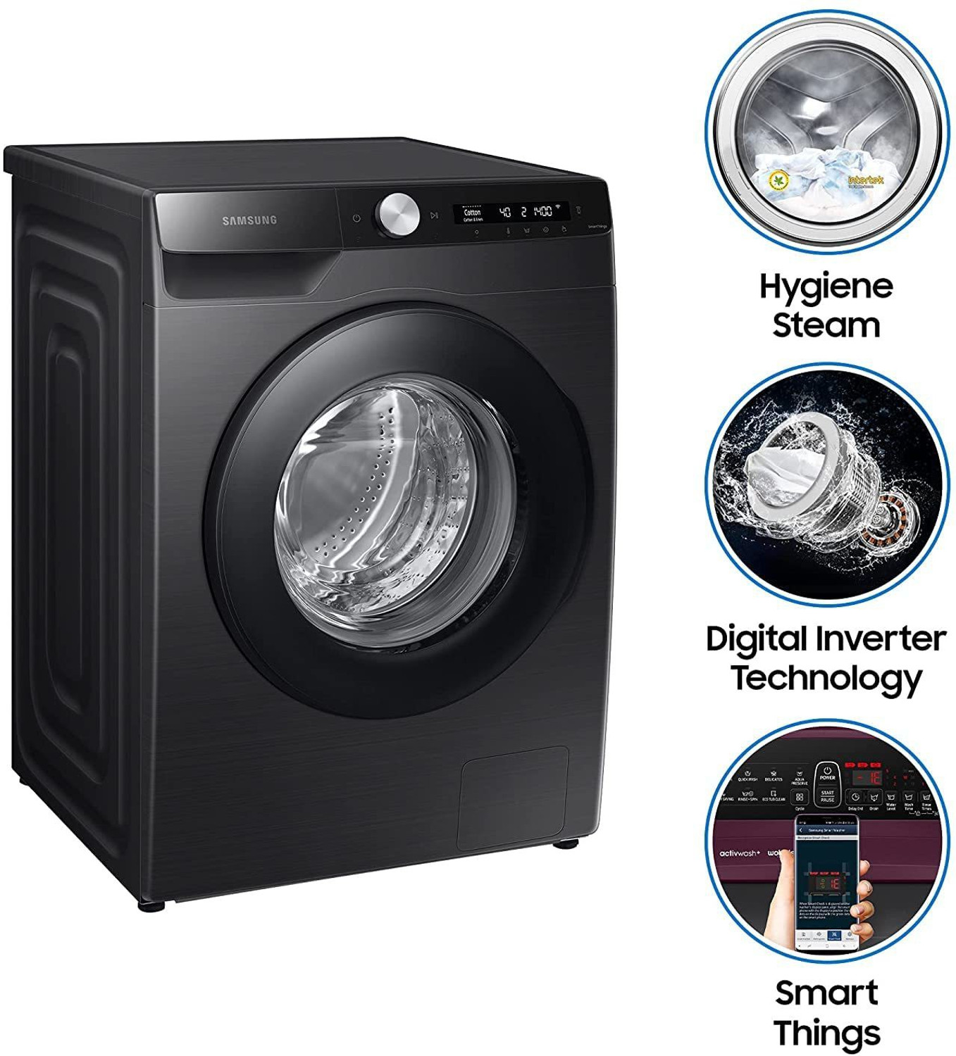 Image of Samsung 8 kg 5 Star, AI Ecobubble, Wi-Fi, Hygiene Steam,Digital Inverter Fully Automatic Front Load Washing Machine with In-built Heater Black