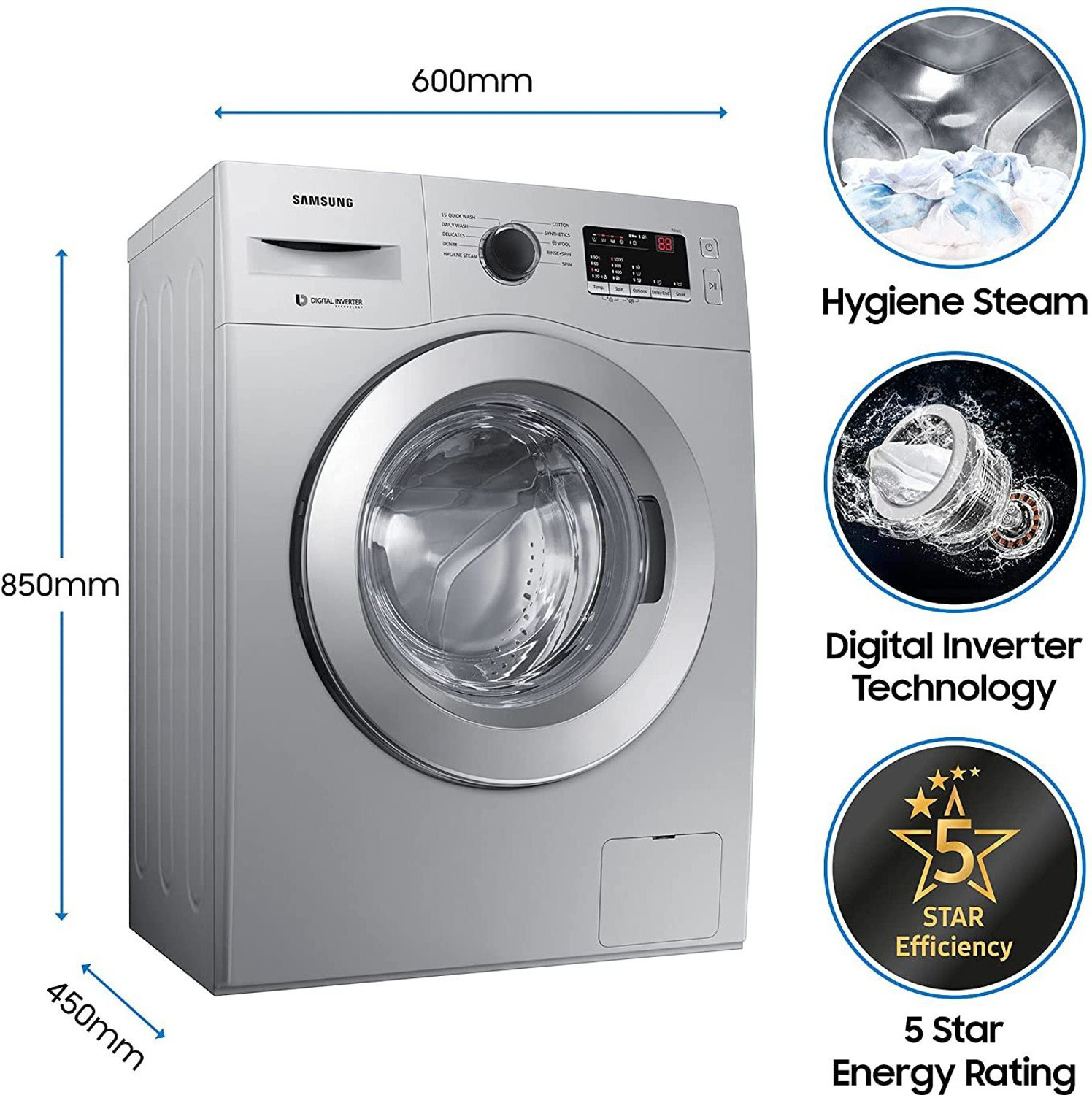 Image of Samsung 6 kg Inverter, 5 star, Hygiene Steam, Digital Inverter Fully Automatic Front Load Washing Machine with In-built Heater Silver