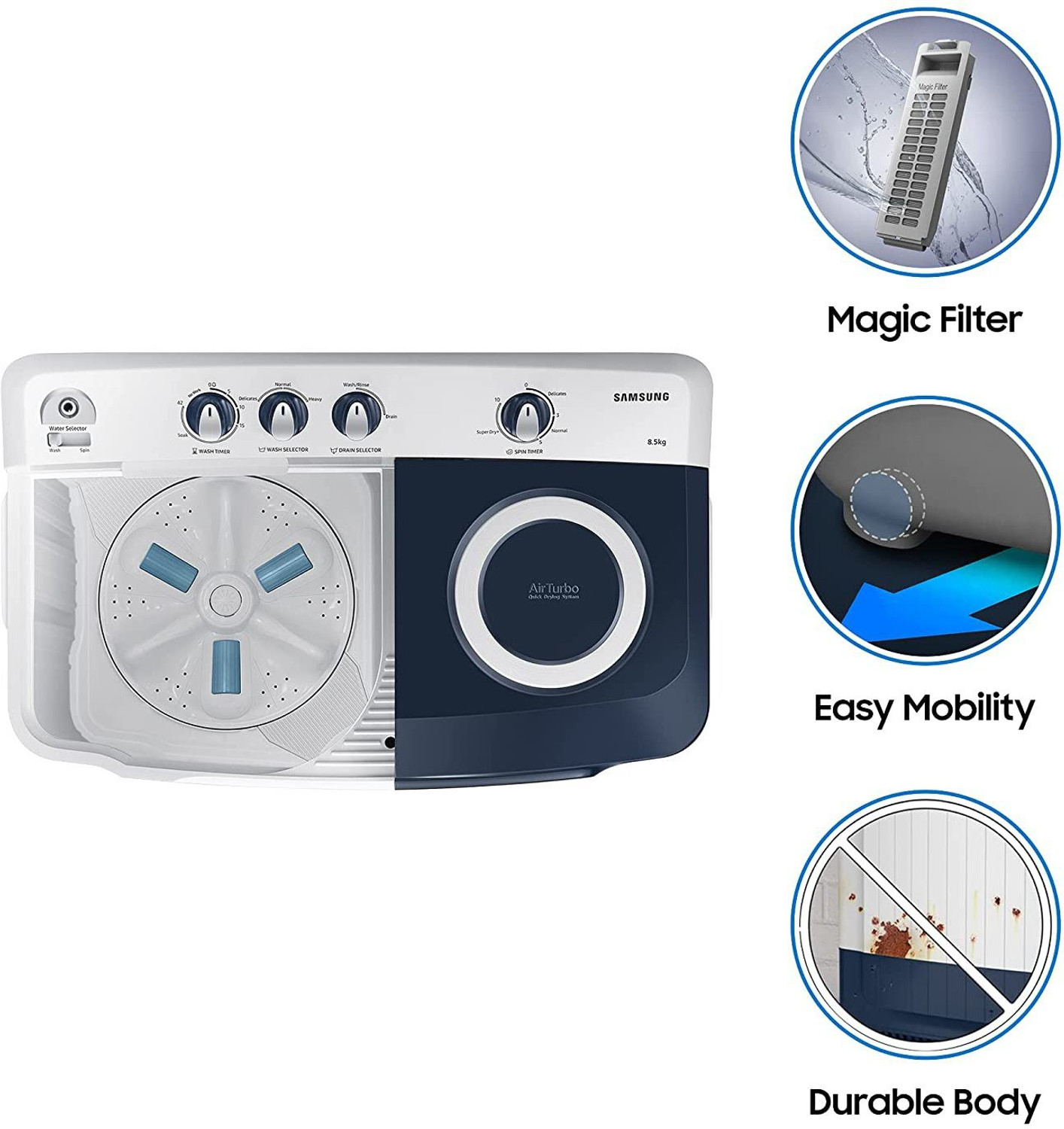 Image of Samsung 8.5 kg 5 star Semi Automatic Top Load Washing Machine White, Grey