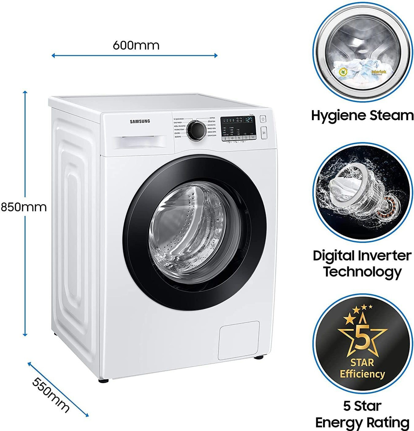 Image of Samsung 8 kg 5 Star, Inverter, Hygiene Steam Digital Inverter Fully Automatic Front Load Washing Machine with In-built Heater White