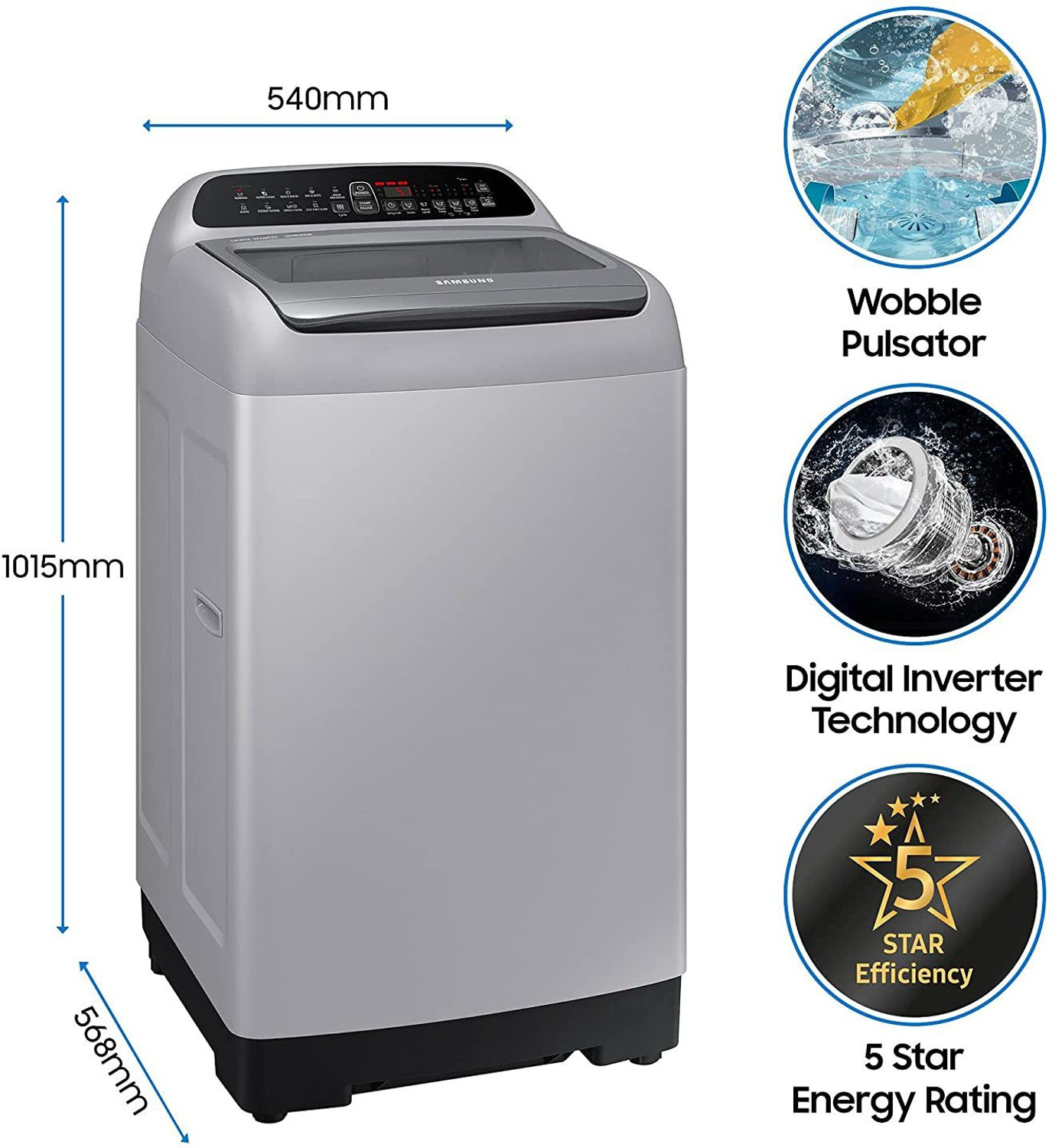 Image of Samsung 7 kg 5 Star Inverter with Diamond Drum Fully Automatic Top Load Washing Machine Silver