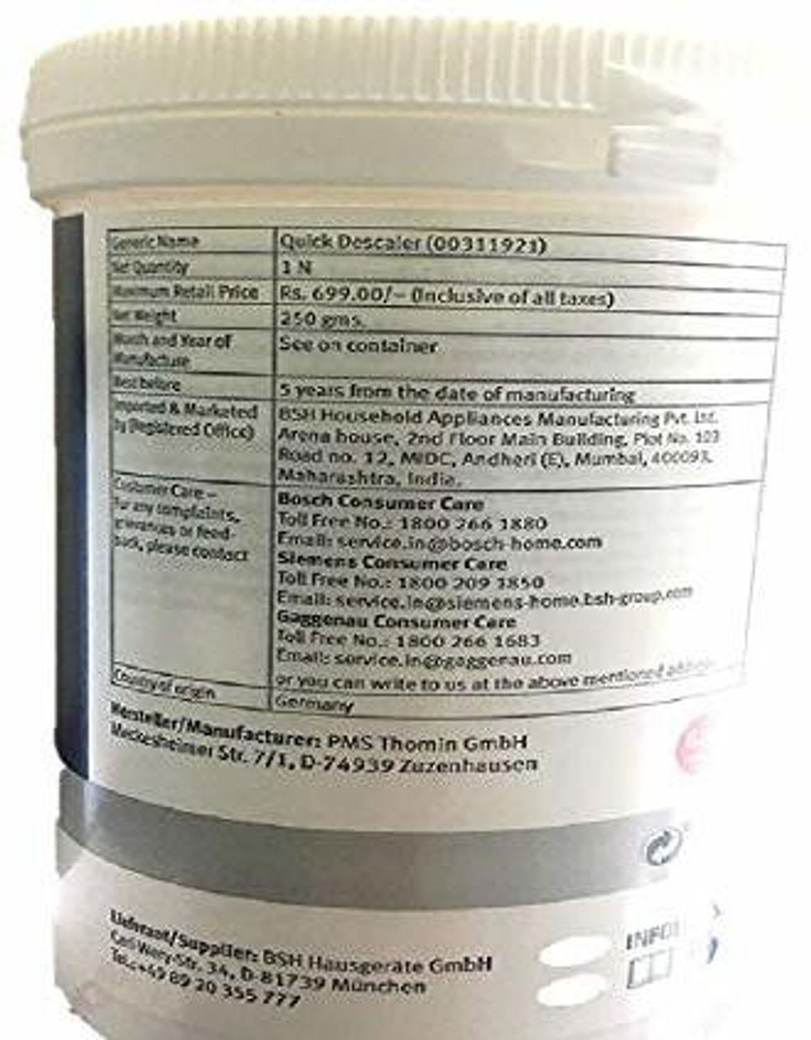 Image of Cloudseller Siemens Quick Descaler for Appliances Detergent Powder 250 g