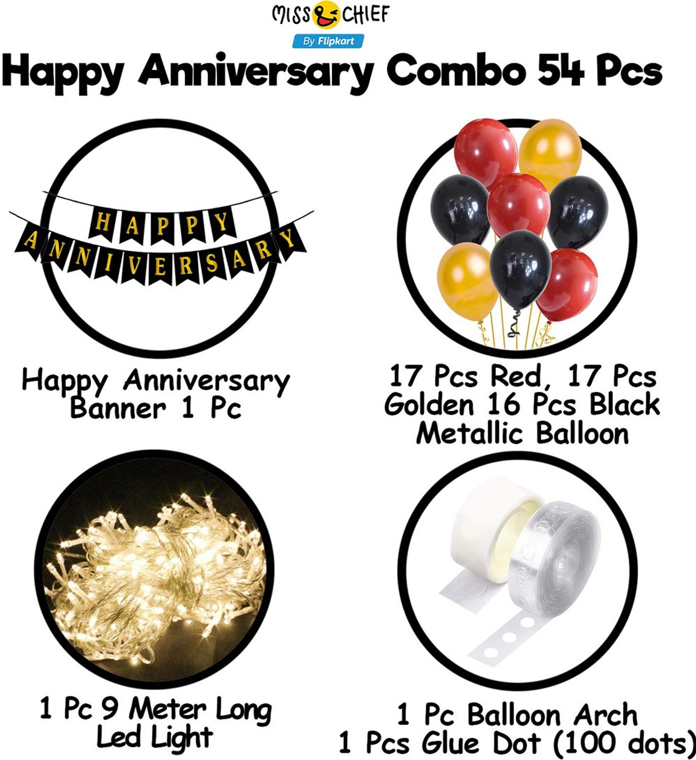 Image of Miss & Chief by Flipkart Solid Happy Anniversary Decoration Kit for Home With Happy Anniversary Banner Kit, Metallic Balloons 1set LED Lights Combo - 54Pcs Anniversary Decoration Items for 25th 50th 1st Wedding Party Decoration, Mom DAD Balloon