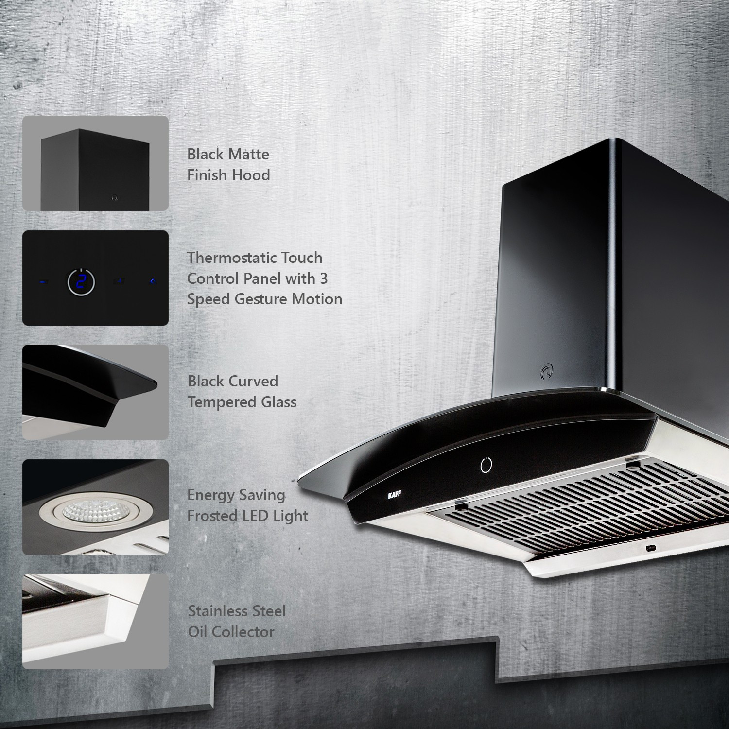 Image of Kaff Rosett DHC 60 Filterless Auto Clean Wall Mounted Black 1180 CMH Chimney