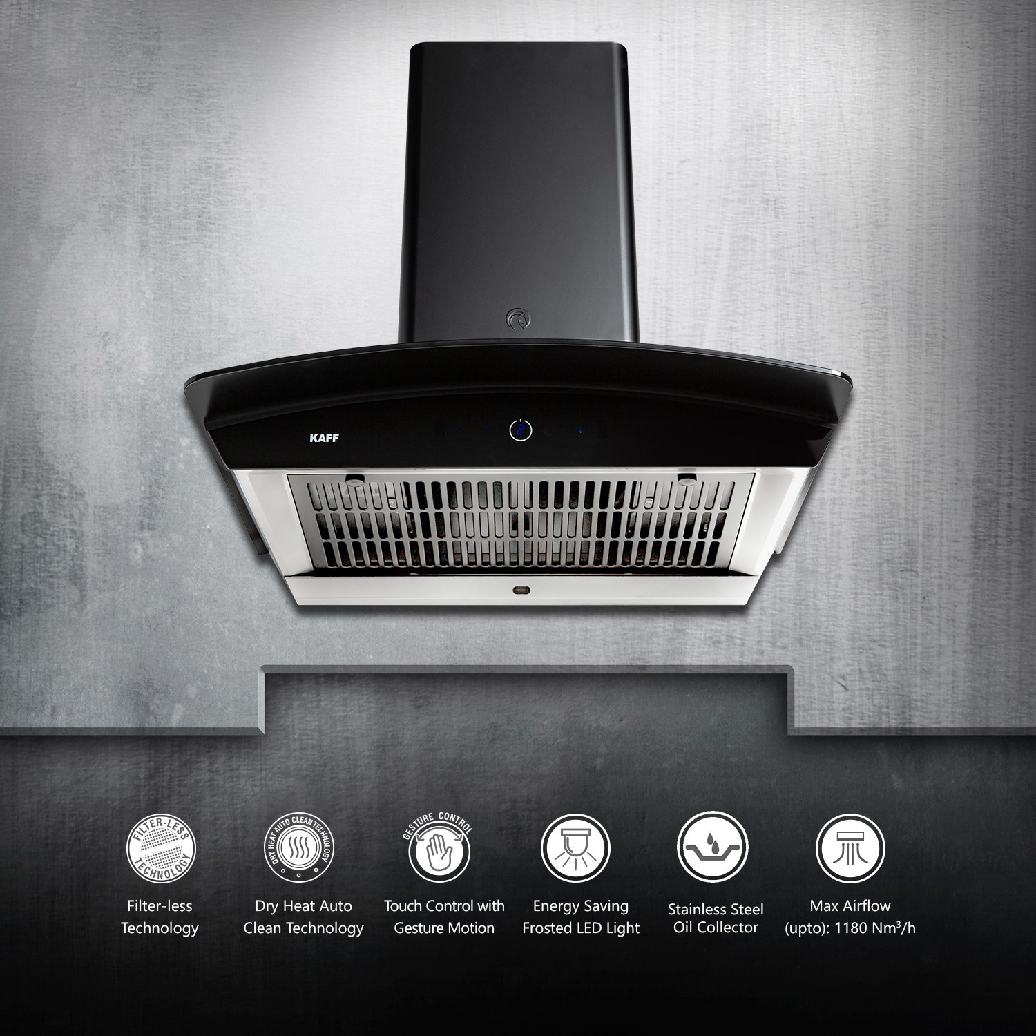 Image of Kaff Rosett DHC 60 Filterless Auto Clean Wall Mounted Black 1180 CMH Chimney