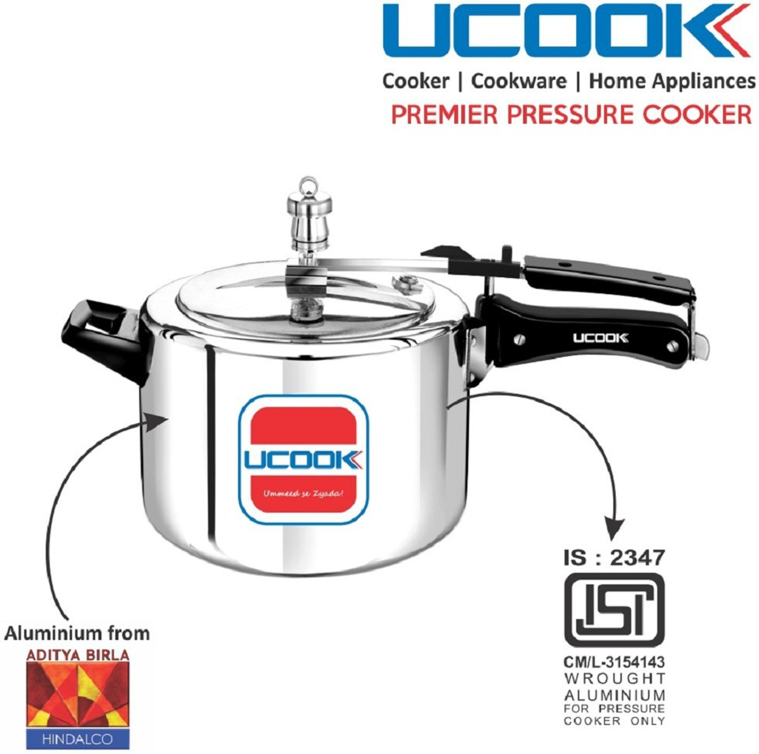 Image of UCOOK By United Ekta Engg. 10 Litre Aluminium Inner Lid Non-Induction 10 L Inner Lid Pressure Cooker