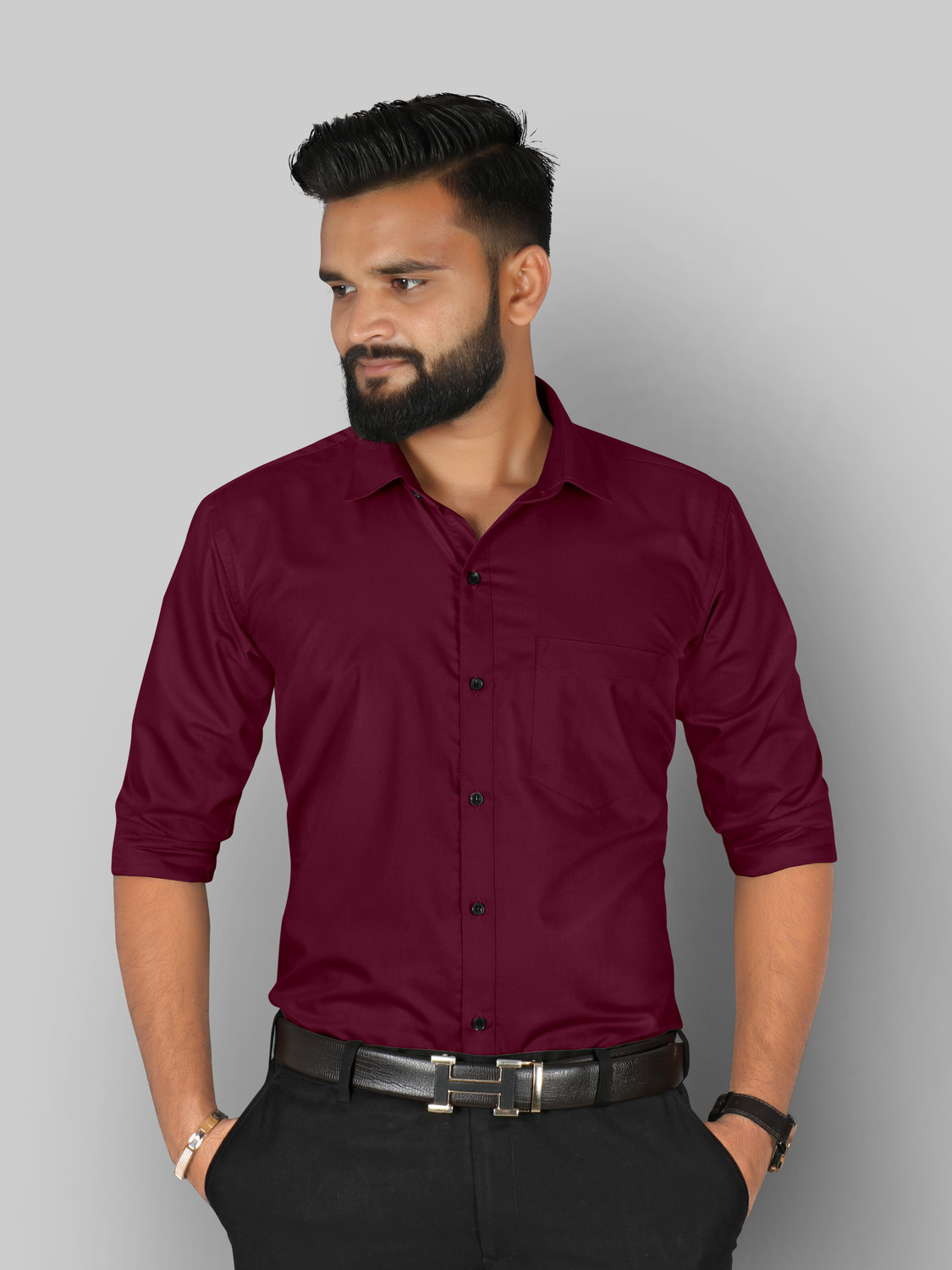 Image of SANBROS Men Regular Fit Solid Spread Collar Casual Shirt