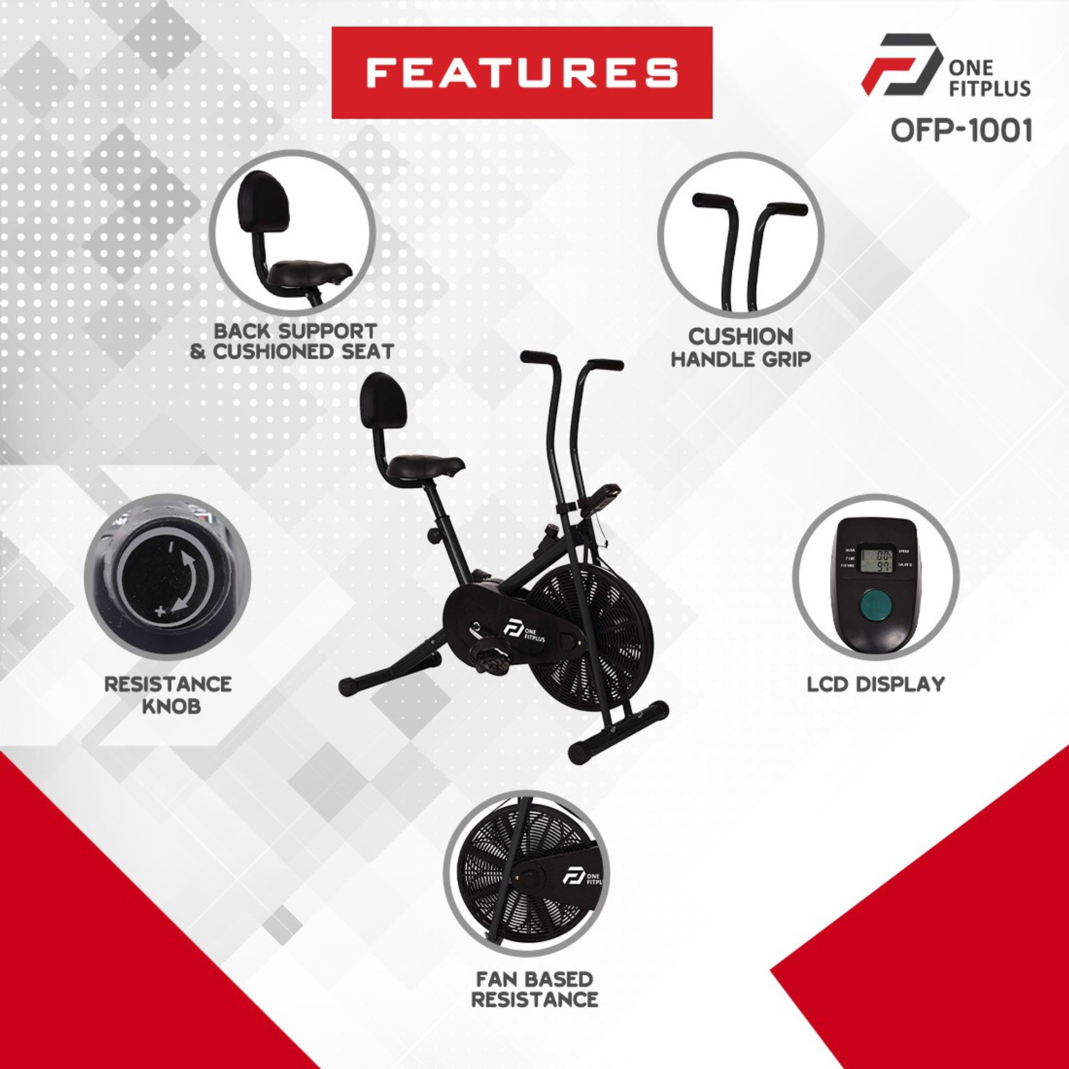 Image of OneFitPlus OFP-1001 Static Handle & Backrest with Diet Plan Services & Trainer Led Sessions Upright Stationary Exercise Bike