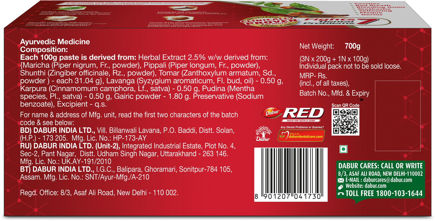 Image of Dabur Red Paste (Combo Pack- 175g x 4) |Complete Cavity Protection |13 Ayurvedic Herbs Toothpaste