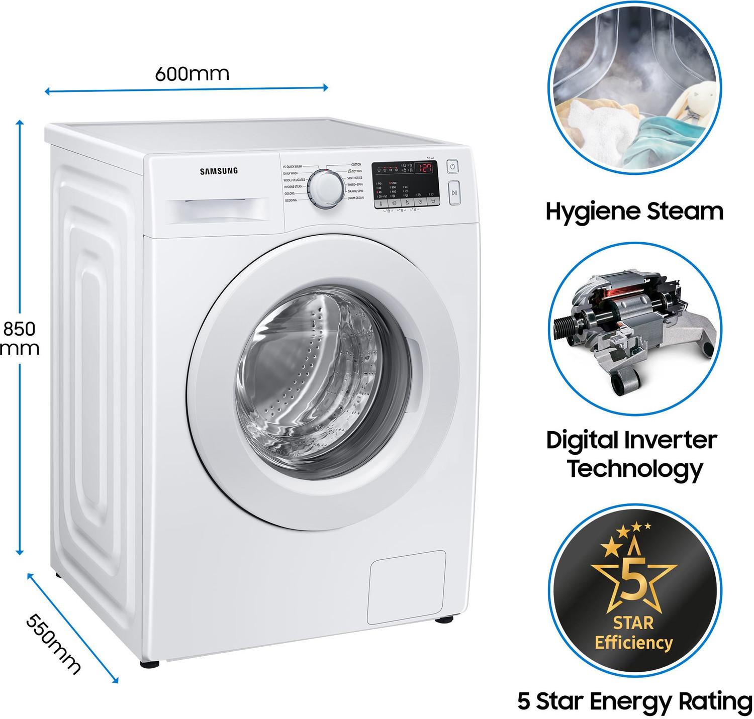 Image of Samsung 7 kg 5 Star, Inverter, Hygiene Steam Diamond Drum Fully Automatic Front Load Washing Machine with In-built Heater White