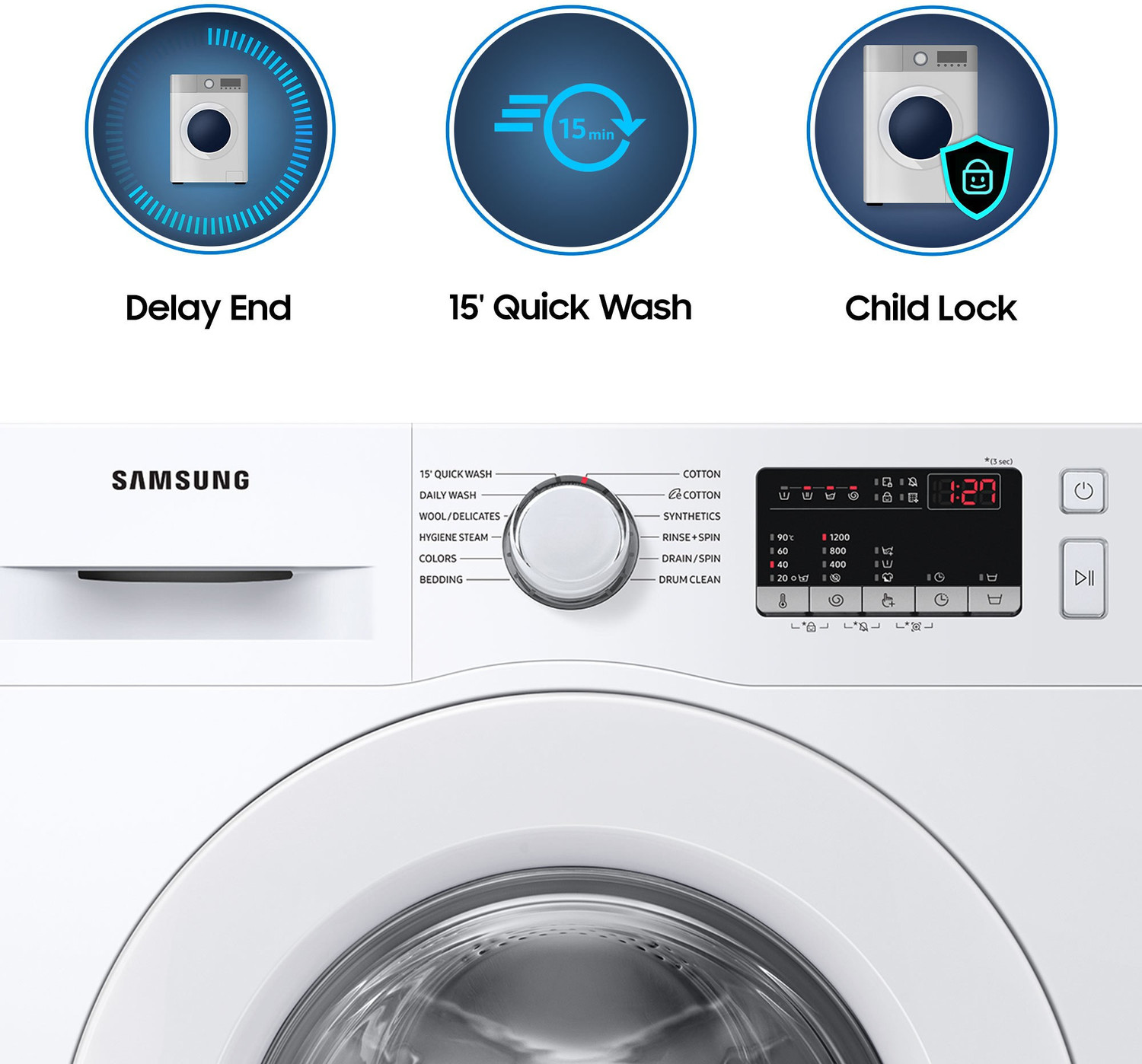 Image of Samsung 7 kg 5 Star, Inverter, Hygiene Steam Diamond Drum Fully Automatic Front Load Washing Machine with In-built Heater White