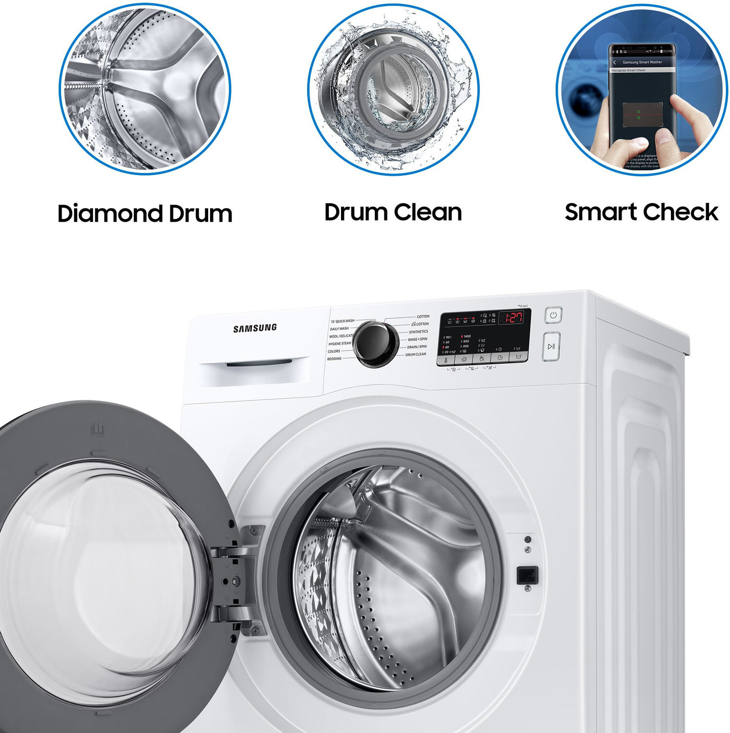 Image of Samsung 7 kg 5 Star, Inverter, Hygiene Steam Diamond Drum Fully Automatic Front Load Washing Machine with In-built Heater White