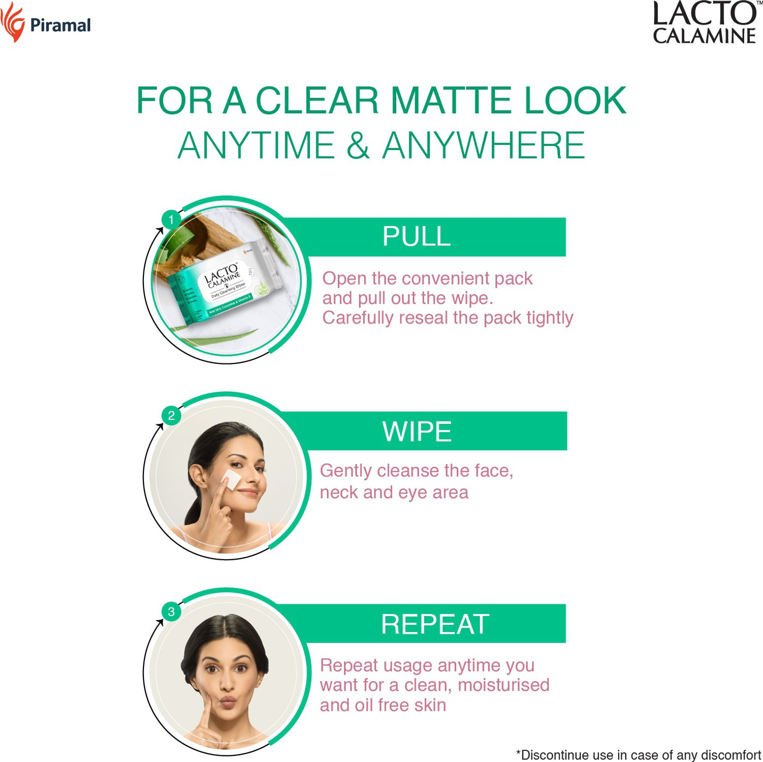 Image of Lacto Calamine Daily Cleansing wipe with Aloe Vera, Cucumber, Vitamin E, Paraben & Alcohol Free Makeup Remover