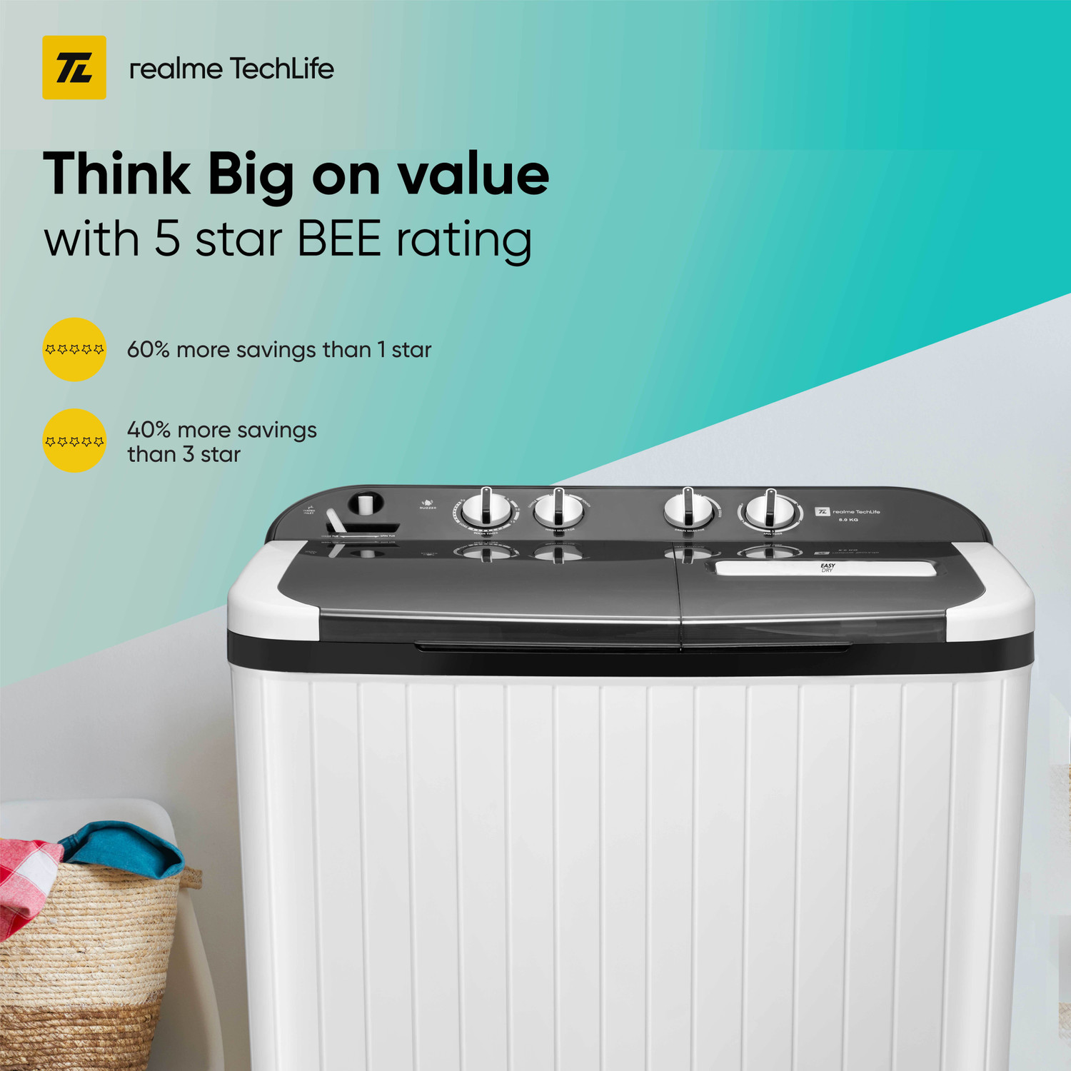 Image of realme TechLife 8 kg 5 Star Rating Semi Automatic Top Load Washing Machine White, Black