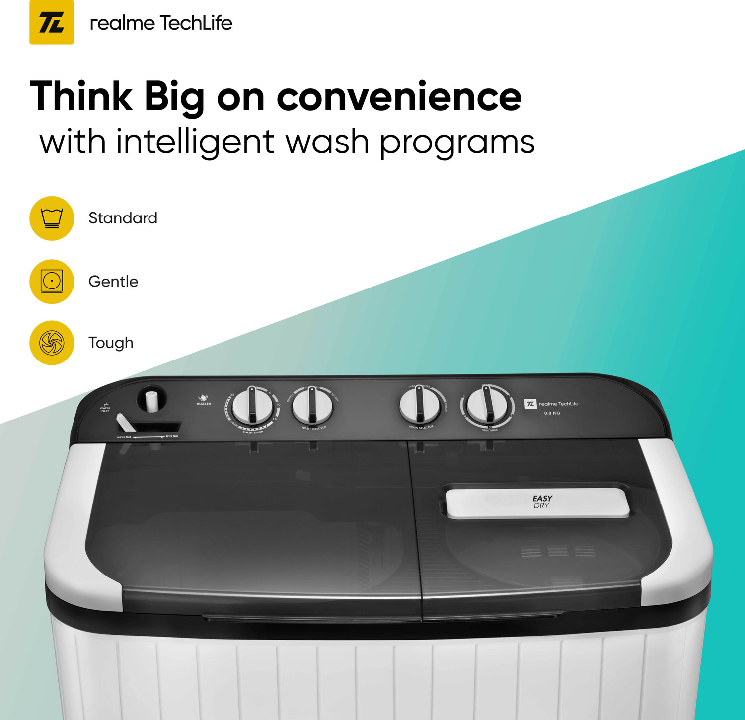 Image of realme TechLife 8 kg 5 Star Rating Semi Automatic Top Load Washing Machine White, Black