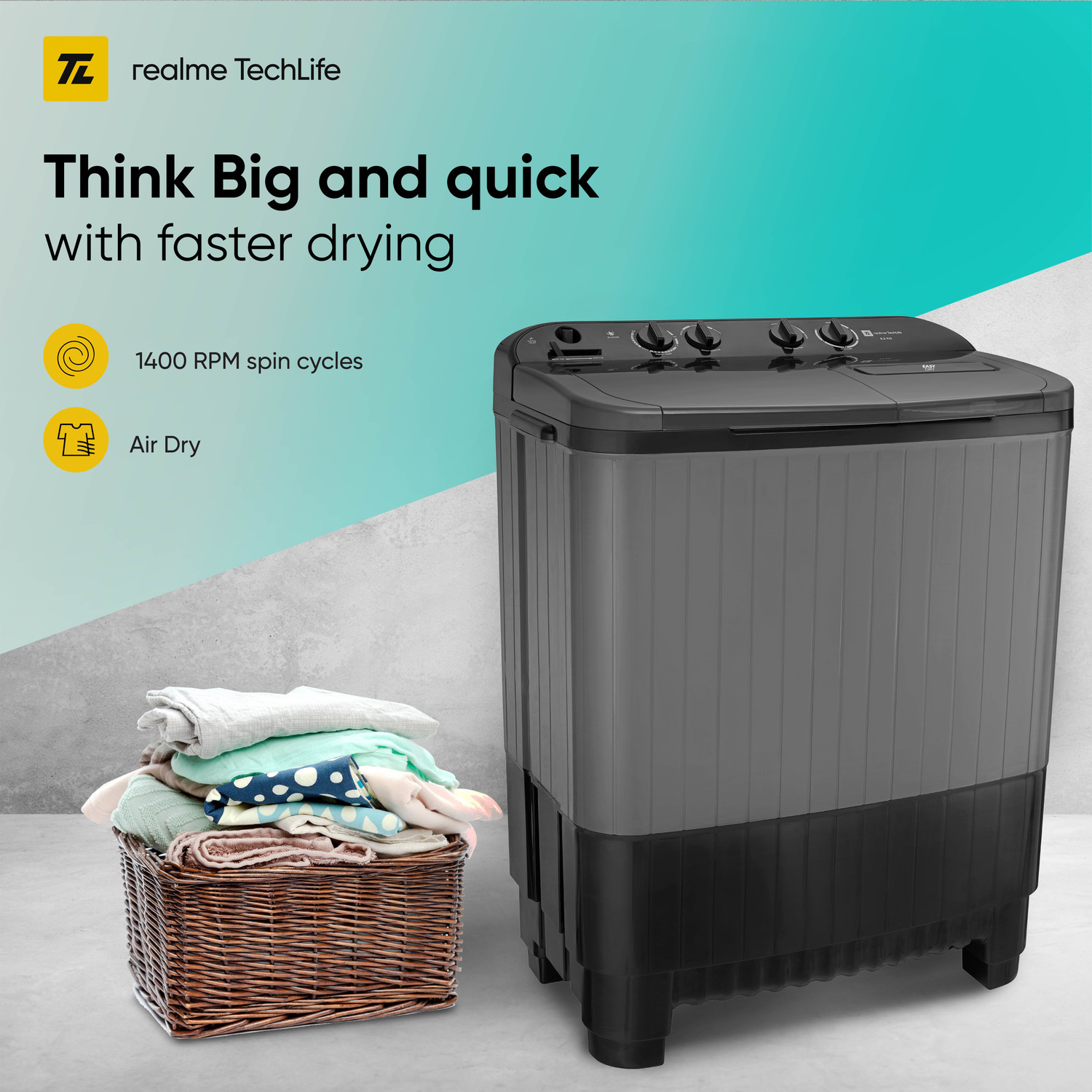 Image of realme TechLife 8.5 kg 5 Star rating Semi Automatic Top Load Washing Machine Grey, Black