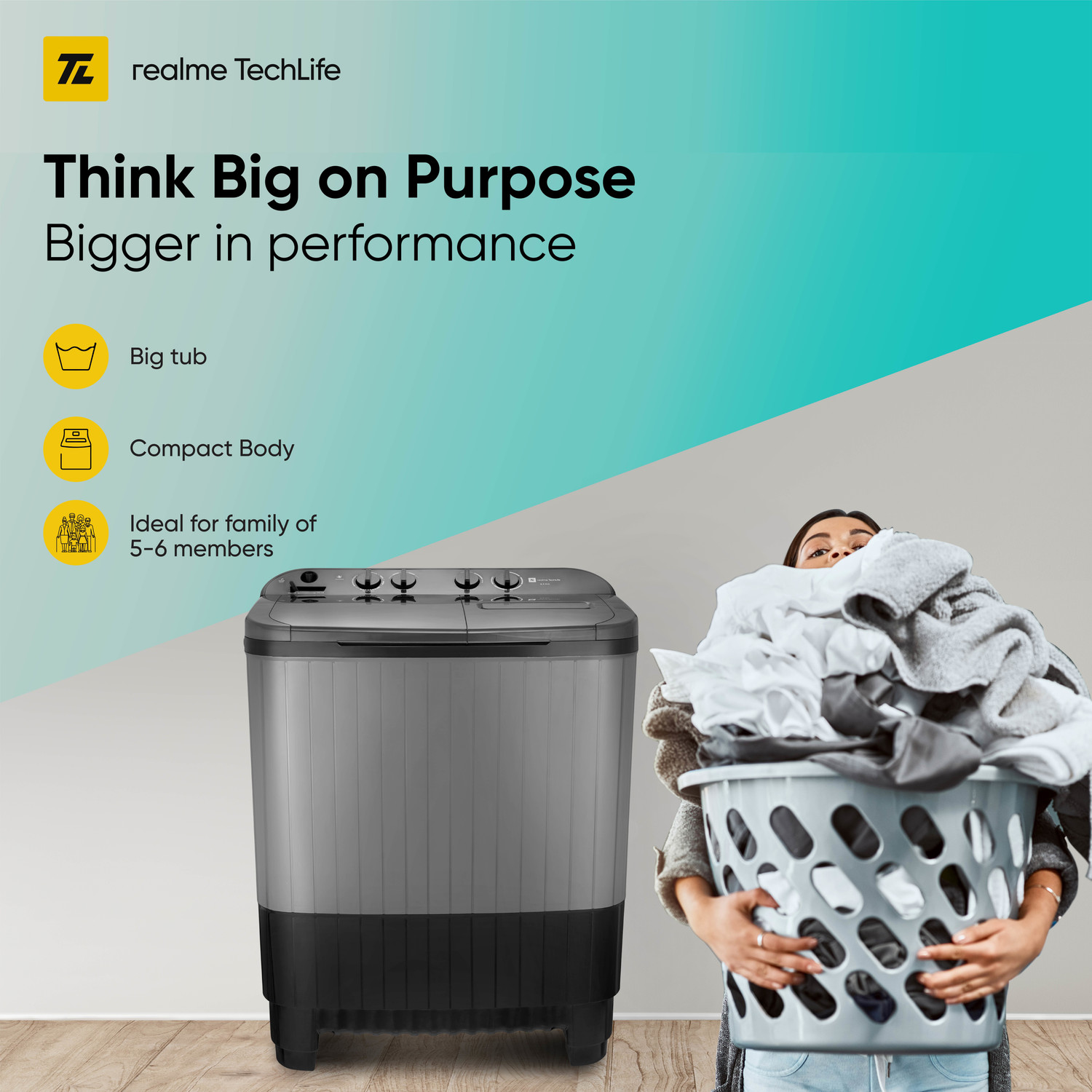 Image of realme TechLife 8.5 kg 5 Star rating Semi Automatic Top Load Washing Machine Grey, Black