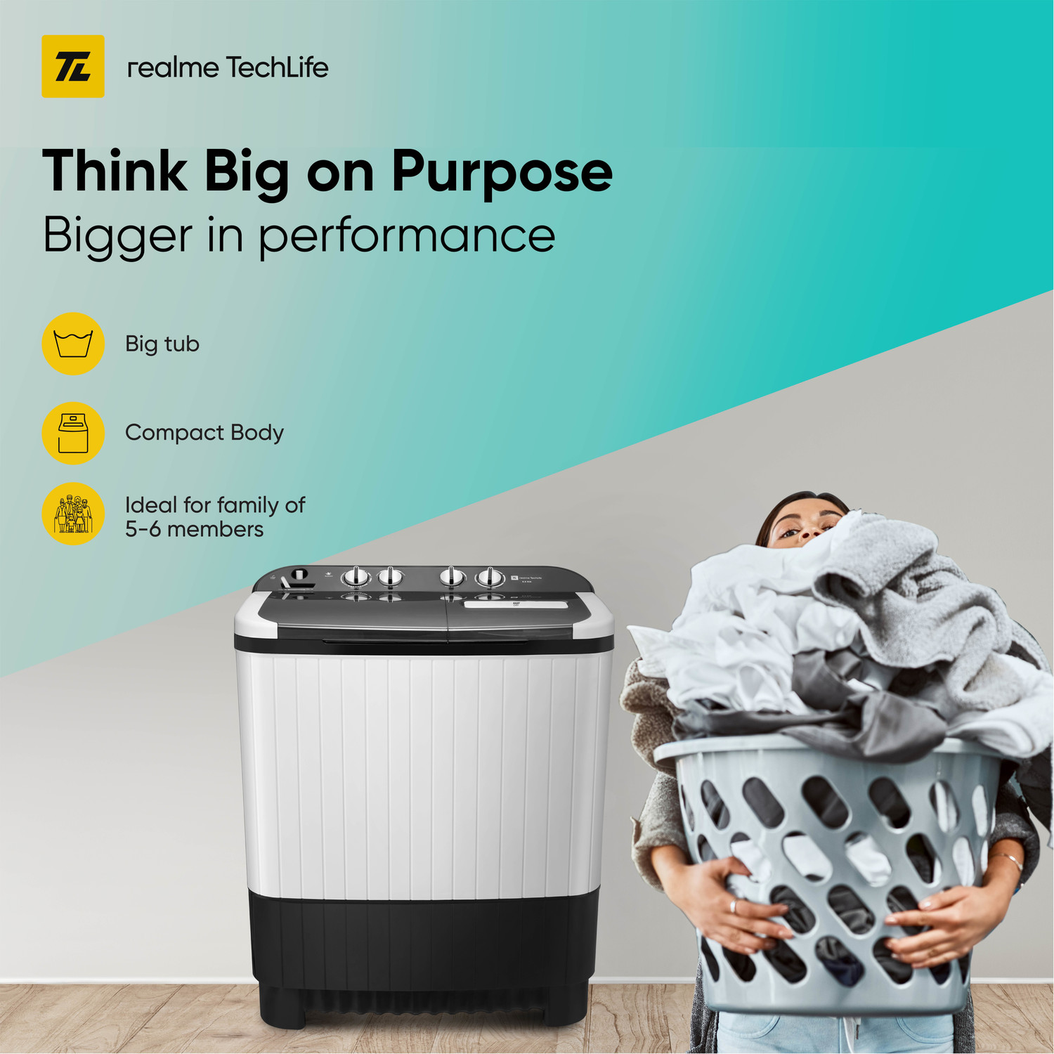 Image of realme TechLife 8 kg 5 Star Rating Semi Automatic Top Load Washing Machine White, Black