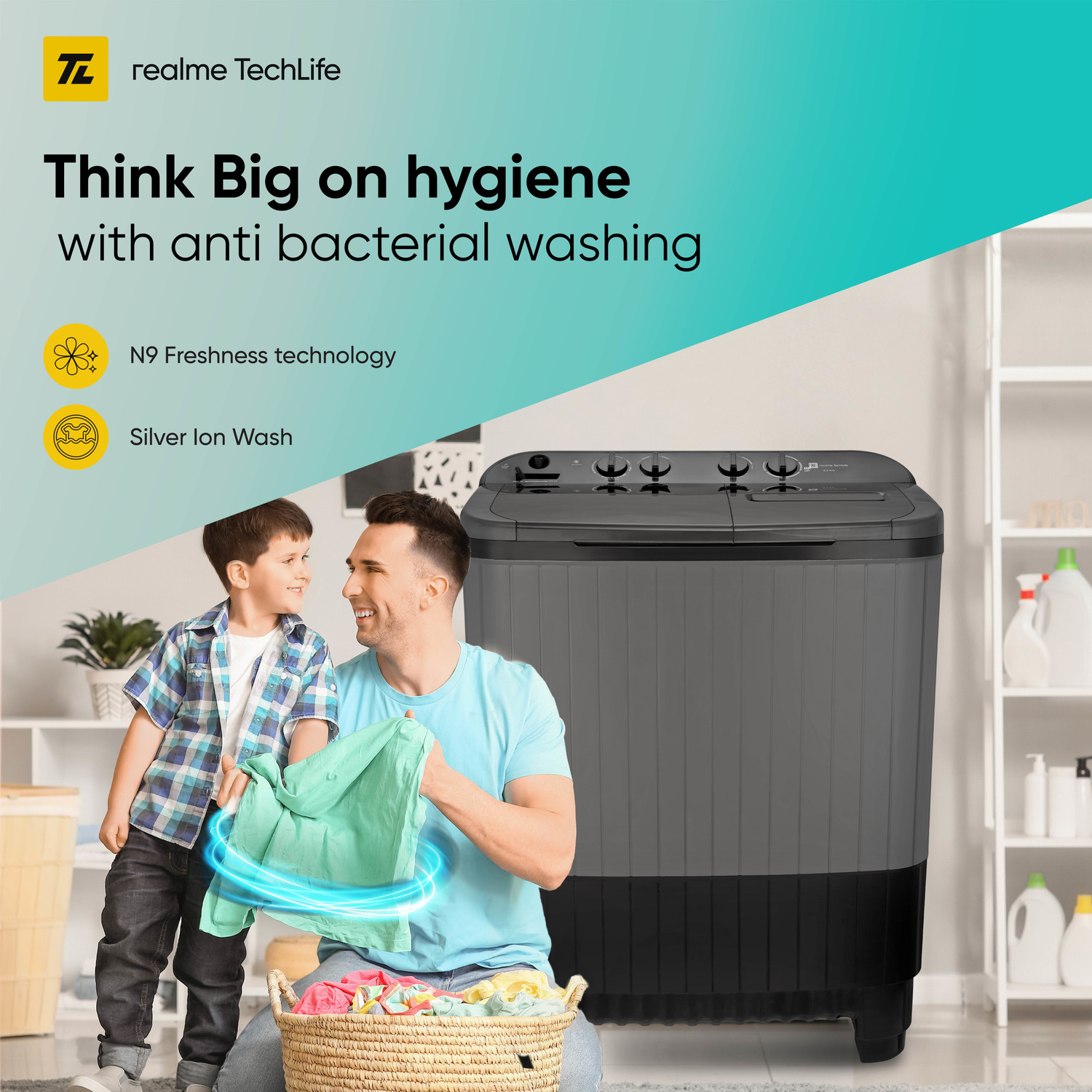 Image of realme TechLife 8.5 kg 5 Star rating Semi Automatic Top Load Washing Machine Grey, Black