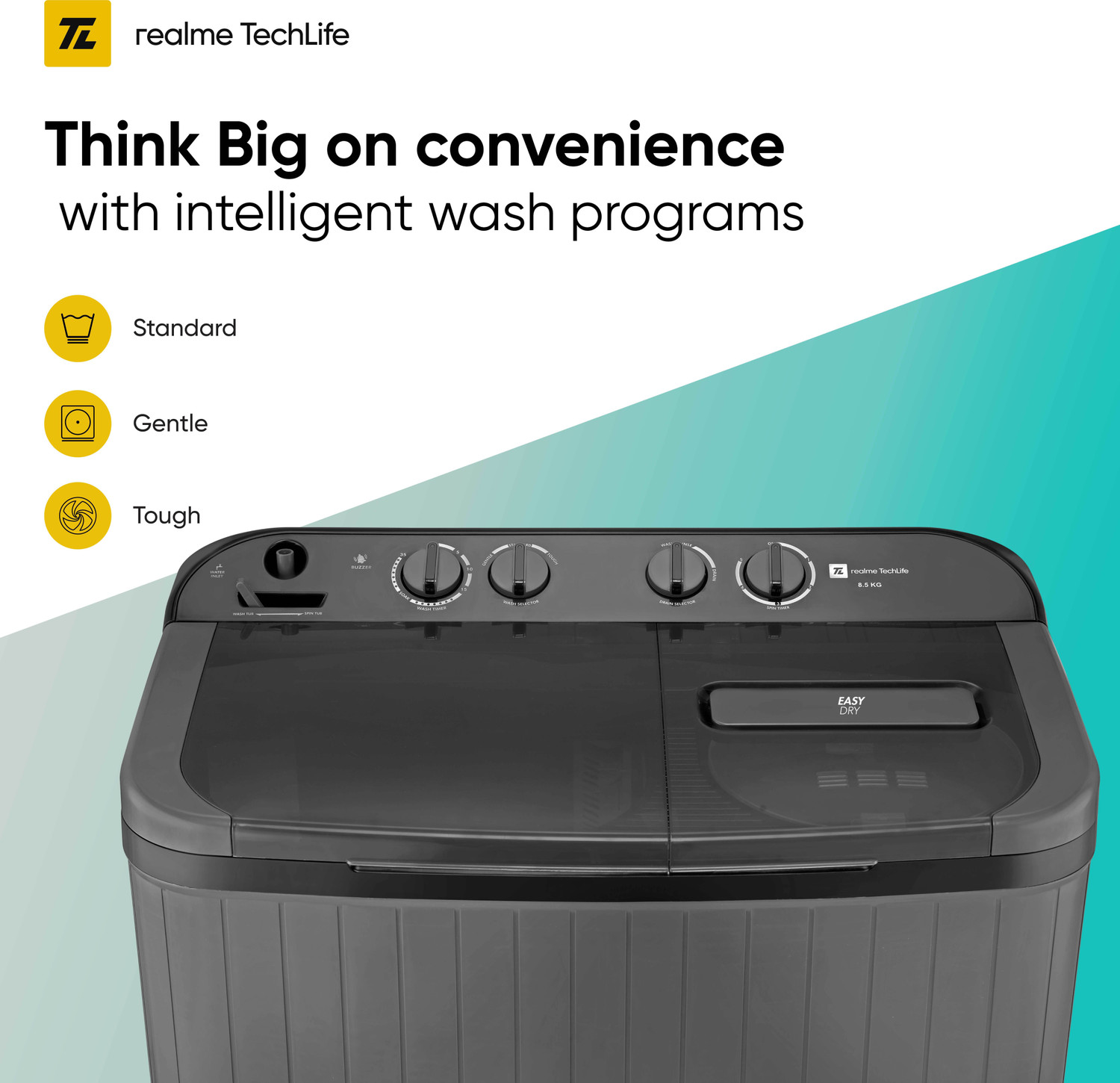 Image of realme TechLife 8.5 kg 5 Star rating Semi Automatic Top Load Washing Machine Grey, Black