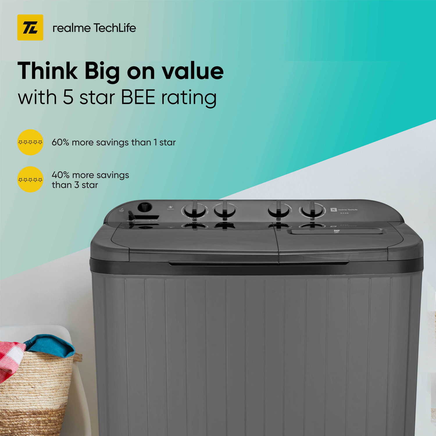 Image of realme TechLife 8.5 kg 5 Star rating Semi Automatic Top Load Washing Machine Grey, Black