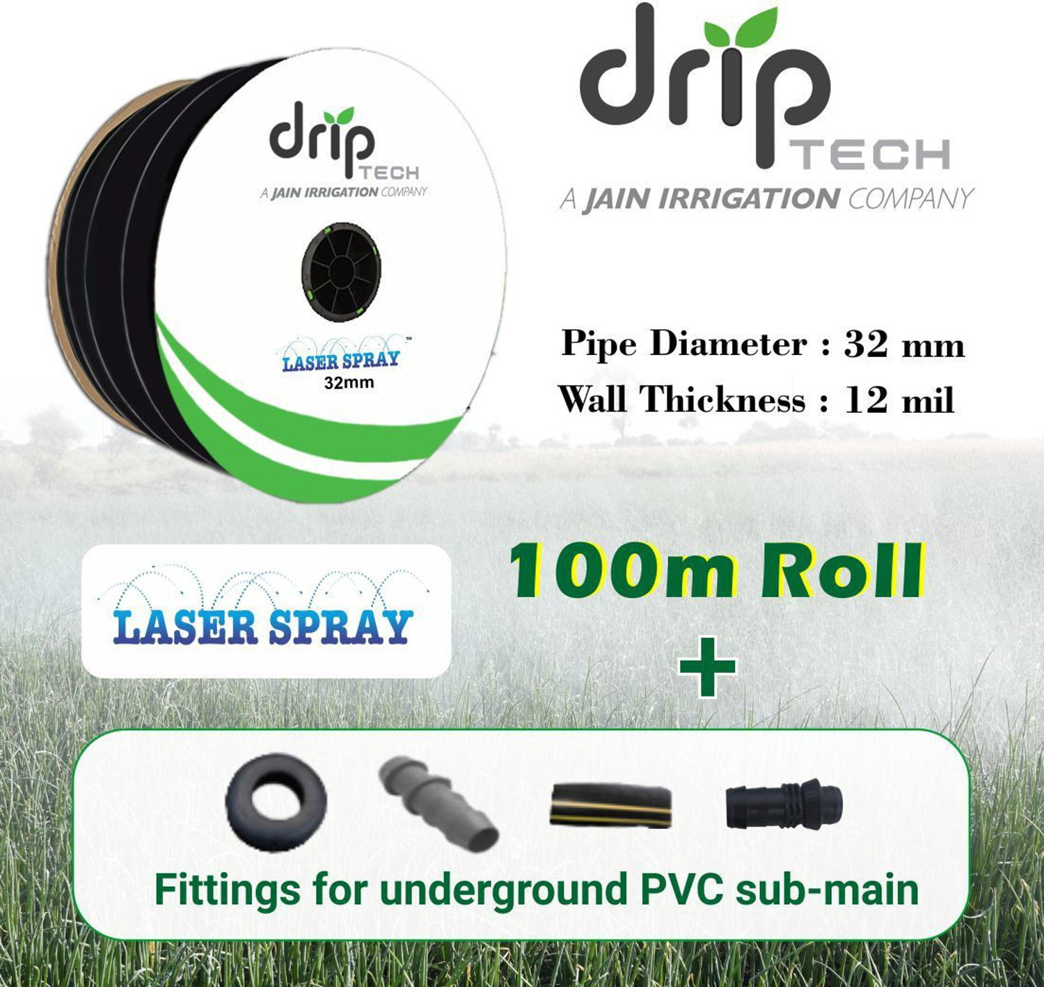 Image of Driptech India Laser Spray, 32MM Rainpipe,100M with Fittings for PVC Underground submain Hose Pipe (10000 cm)