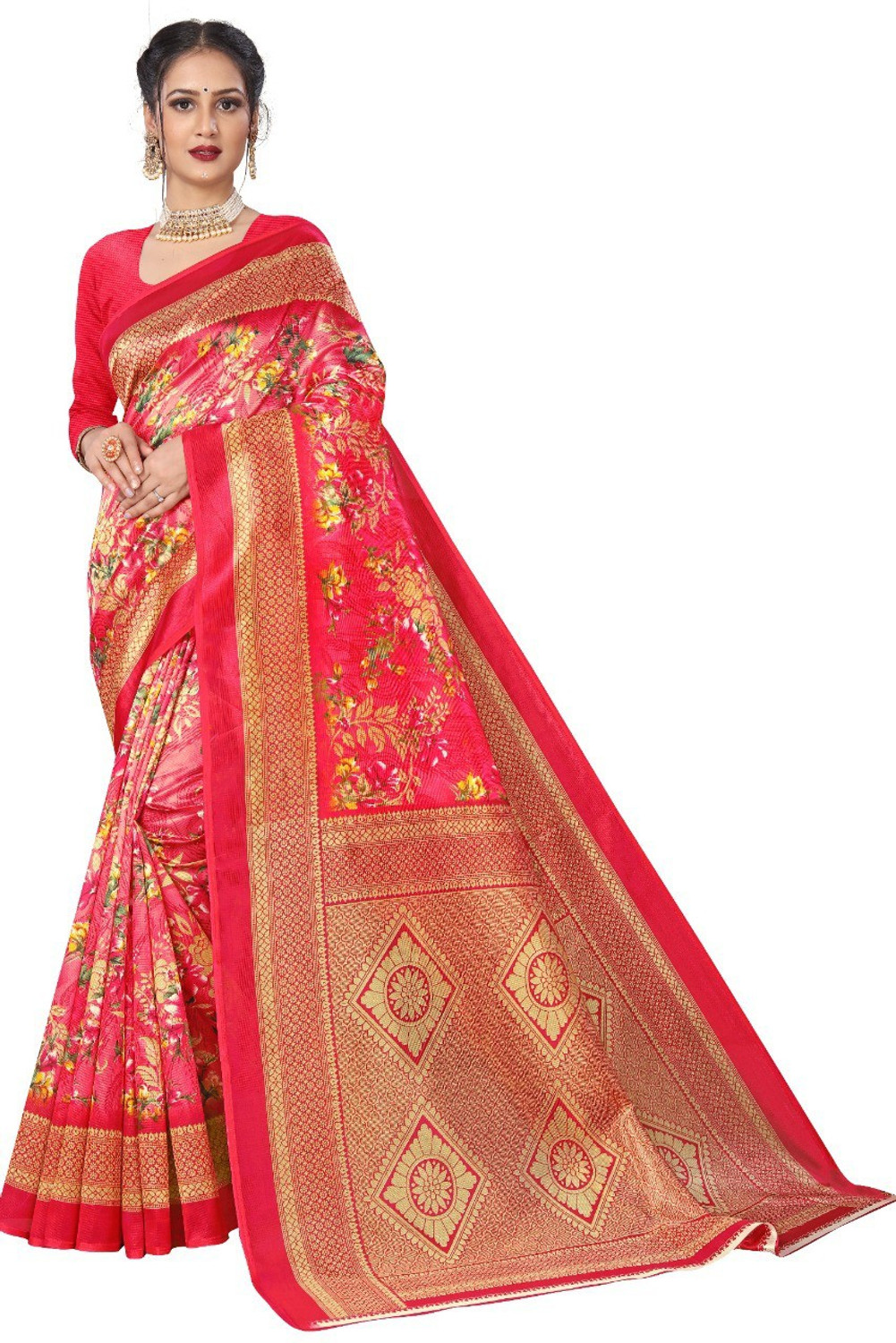 Image of RichEraa Digital Print Banarasi Cotton Silk Saree (Red)