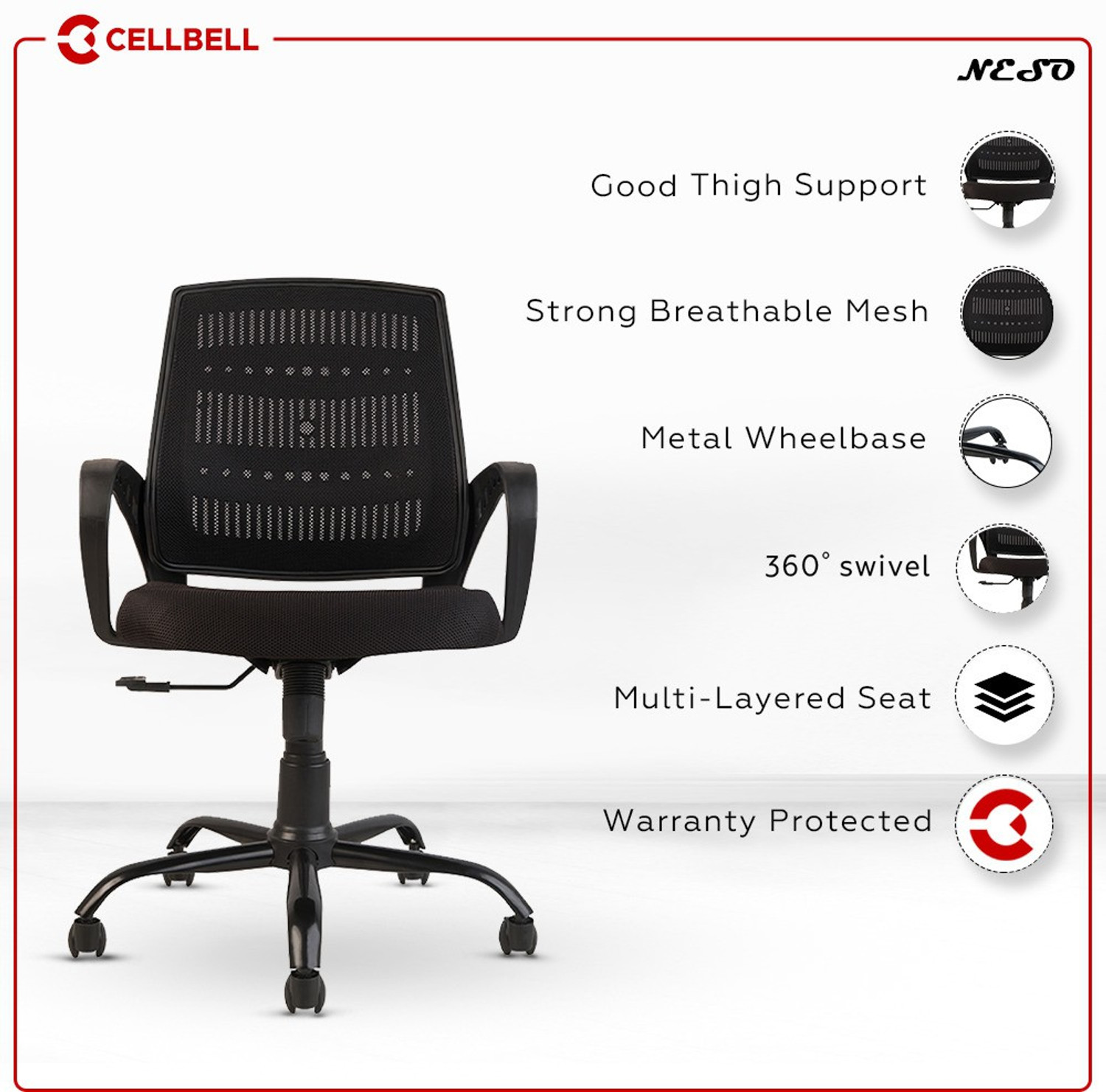 Image of CELLBELL Neso C106 Mid Back Mesh Office Executive Chair (Black, Optional Installation Available)