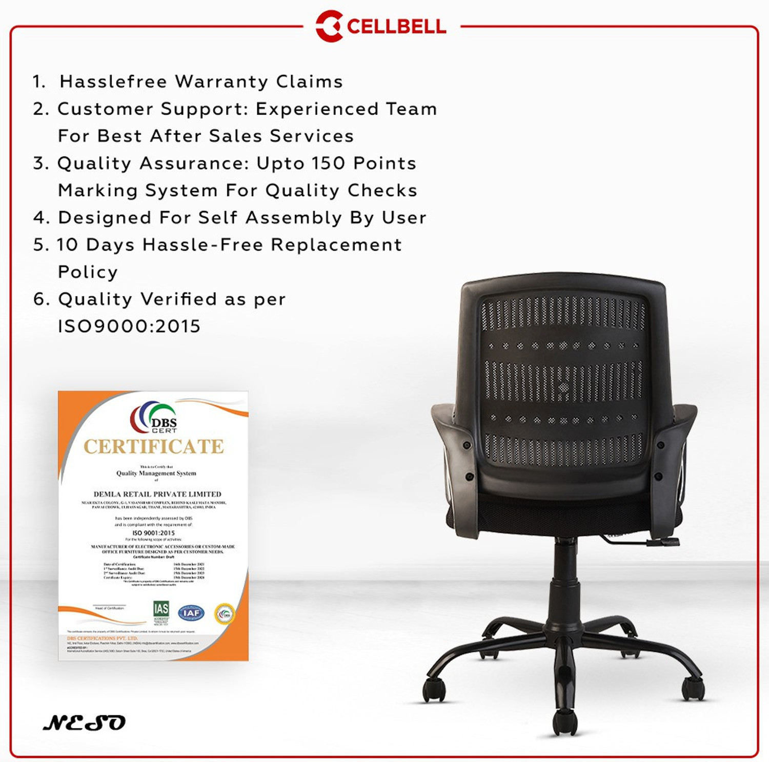 Image of CELLBELL Neso C106 Mid Back Mesh Office Executive Chair (Black, Optional Installation Available)