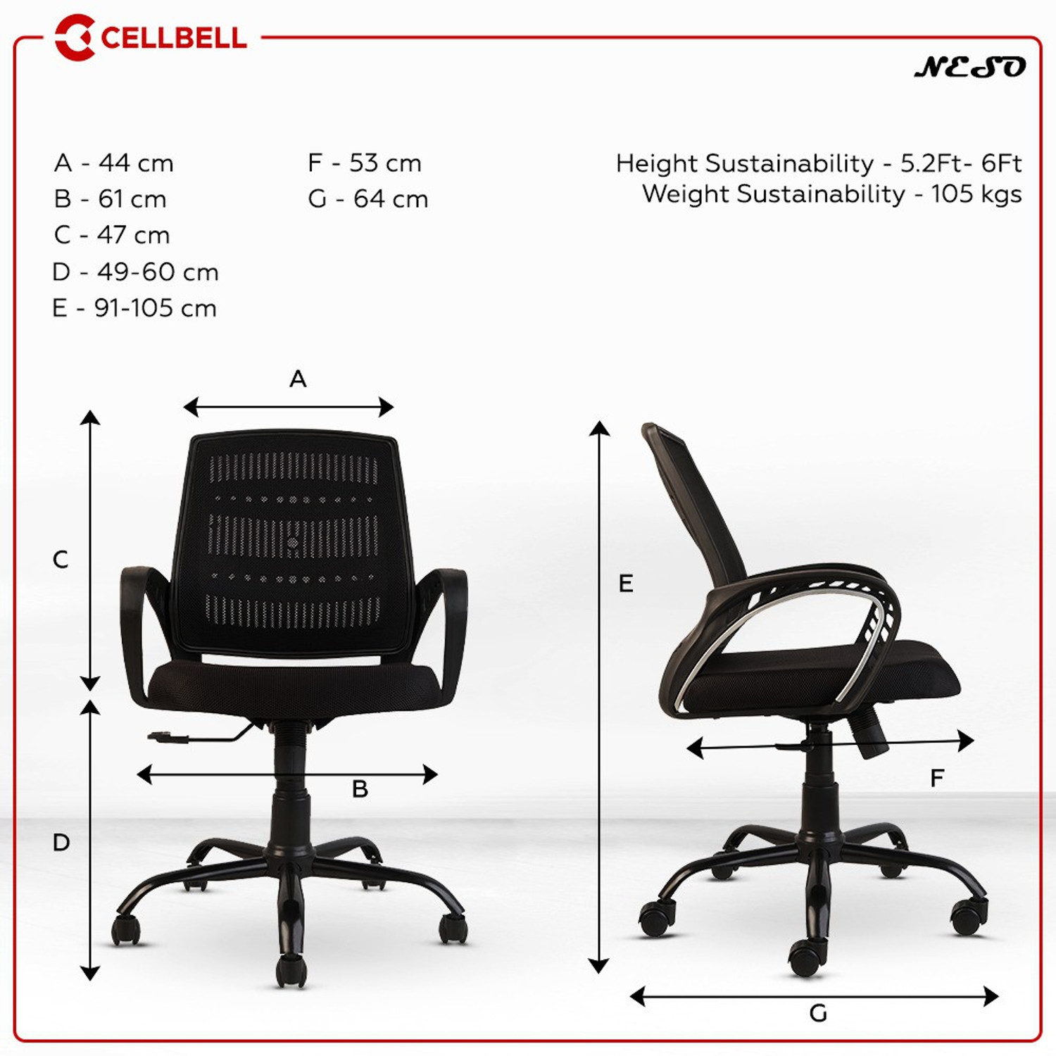 Image of CELLBELL Neso C106 Mid Back Mesh Office Executive Chair (Black, Optional Installation Available)