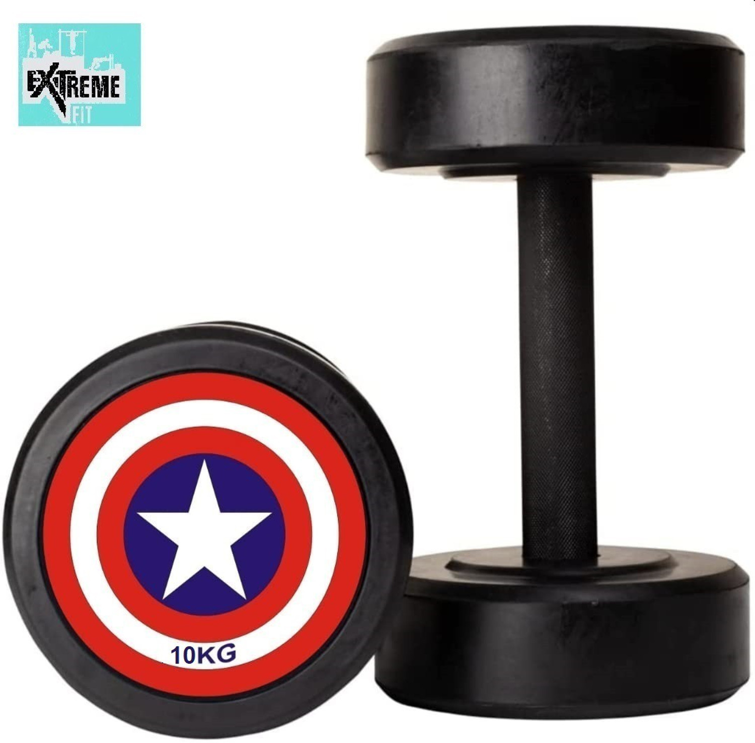 EXTREME FIT Captain America Style Black Rubber Dumbbells 10kgX 2 Fixed