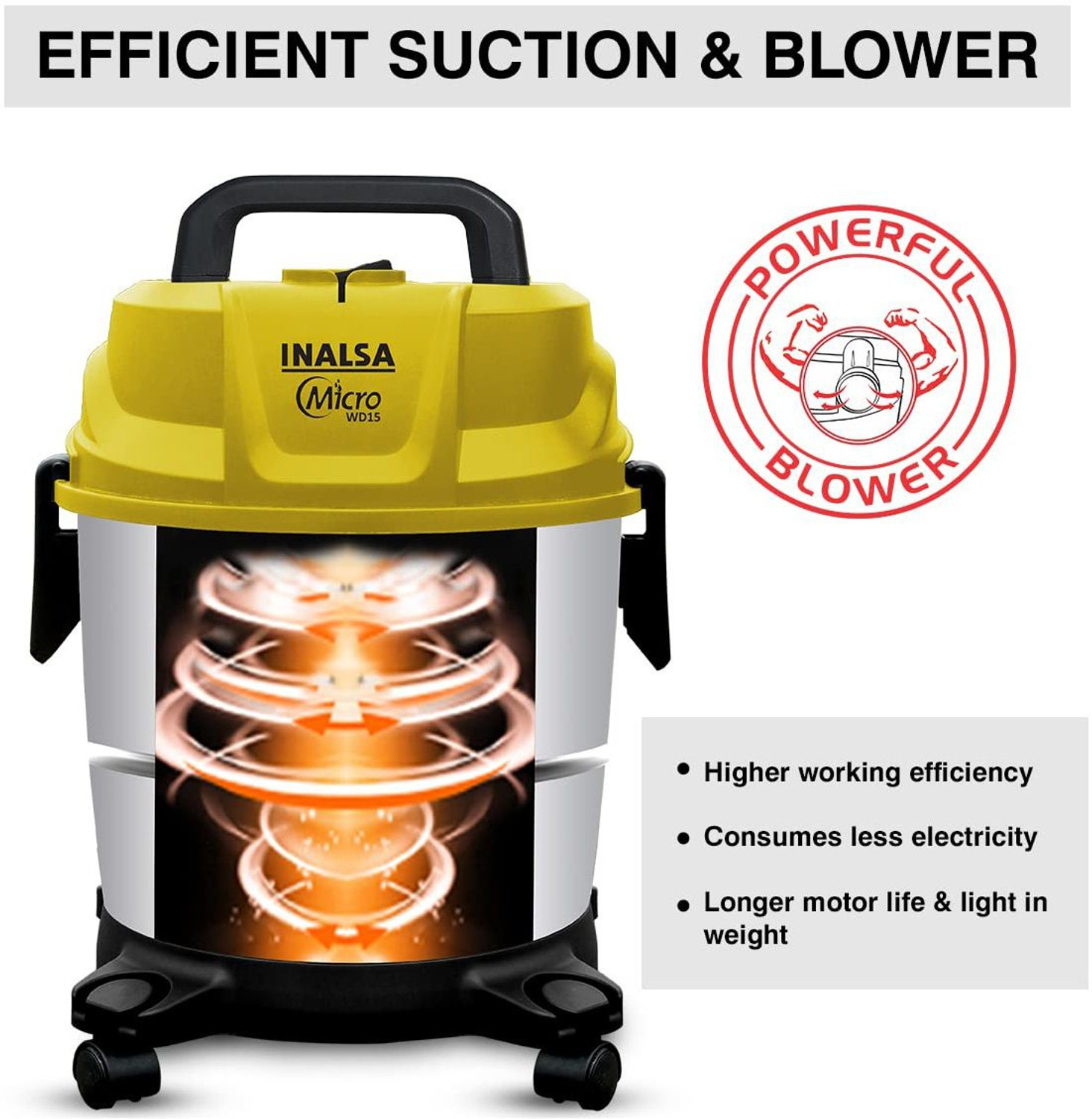 Image of Inalsa Micro WD15 Wet & Dry Vacuum Cleaner with 2 in 1 Mopping and Vacuum