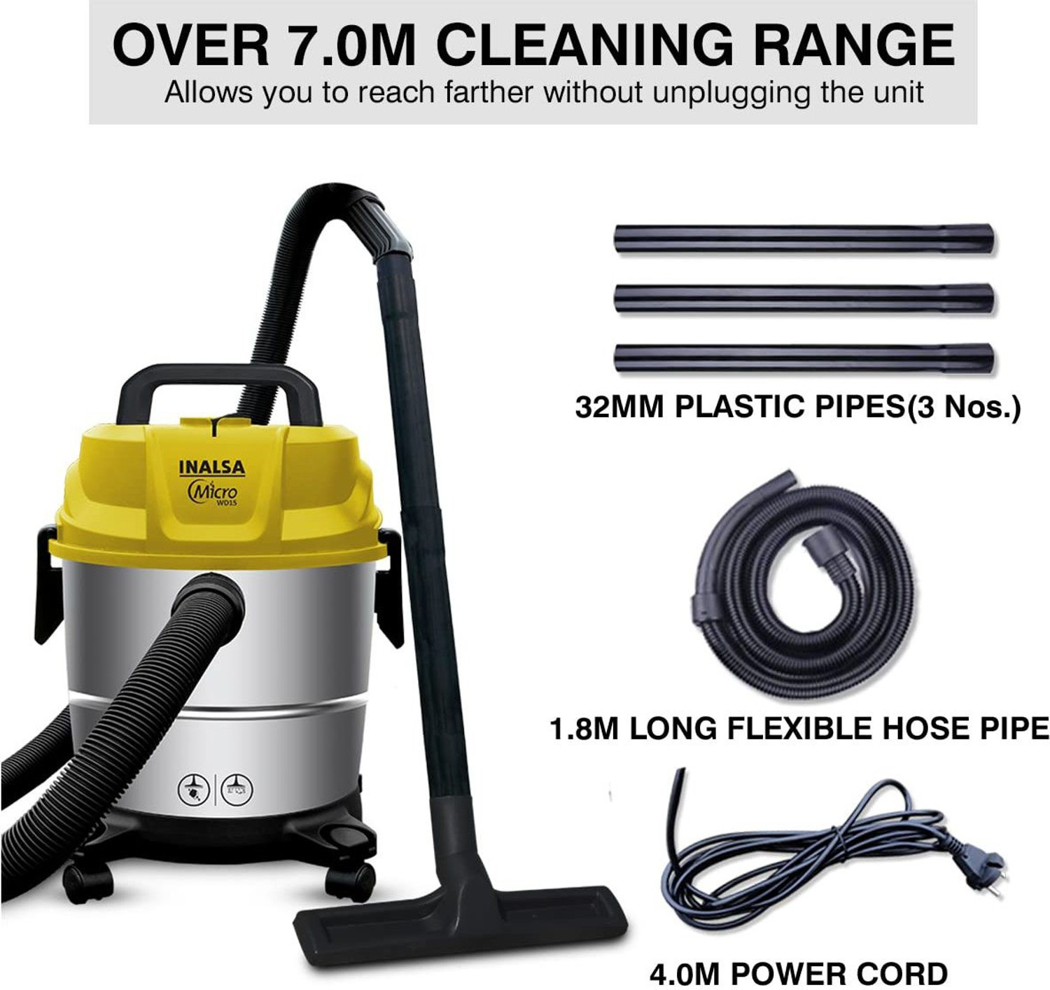 Image of Inalsa Micro WD15 Wet & Dry Vacuum Cleaner with 2 in 1 Mopping and Vacuum