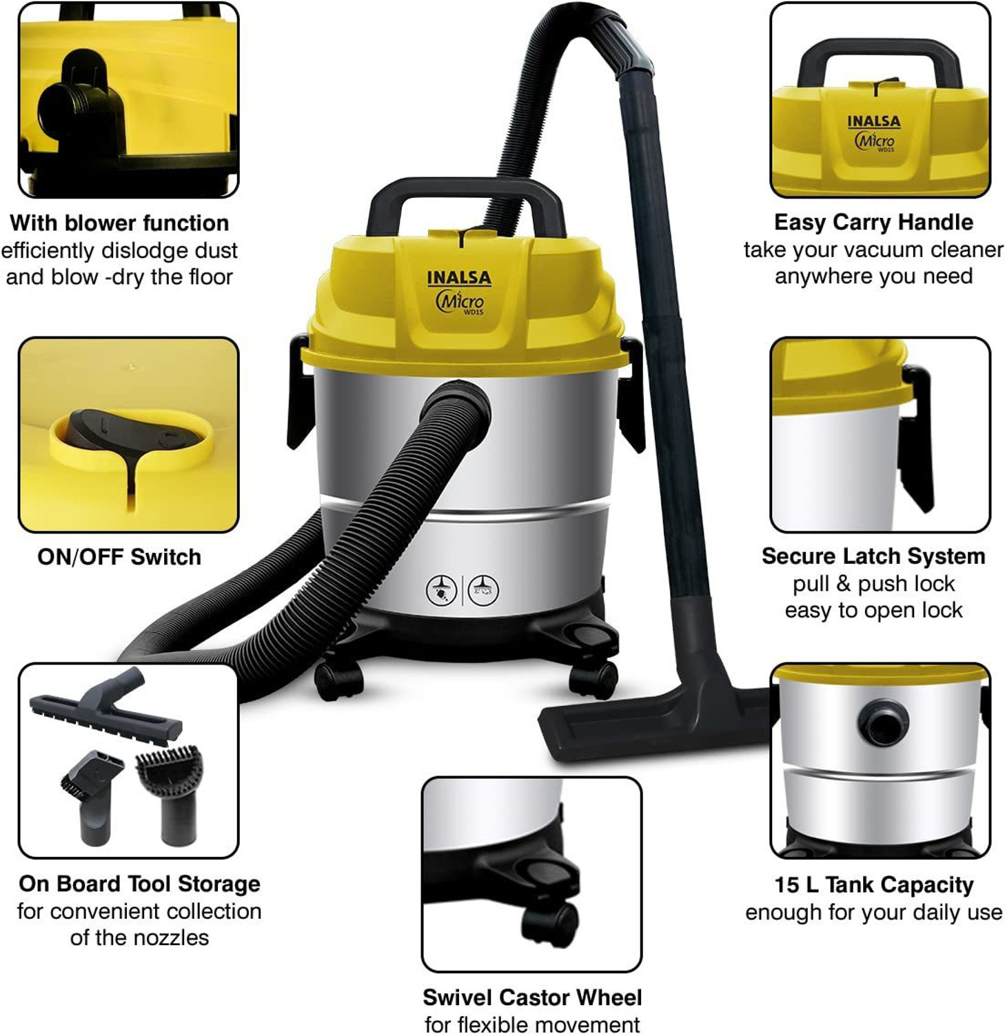Image of Inalsa Micro WD15 Wet & Dry Vacuum Cleaner with 2 in 1 Mopping and Vacuum