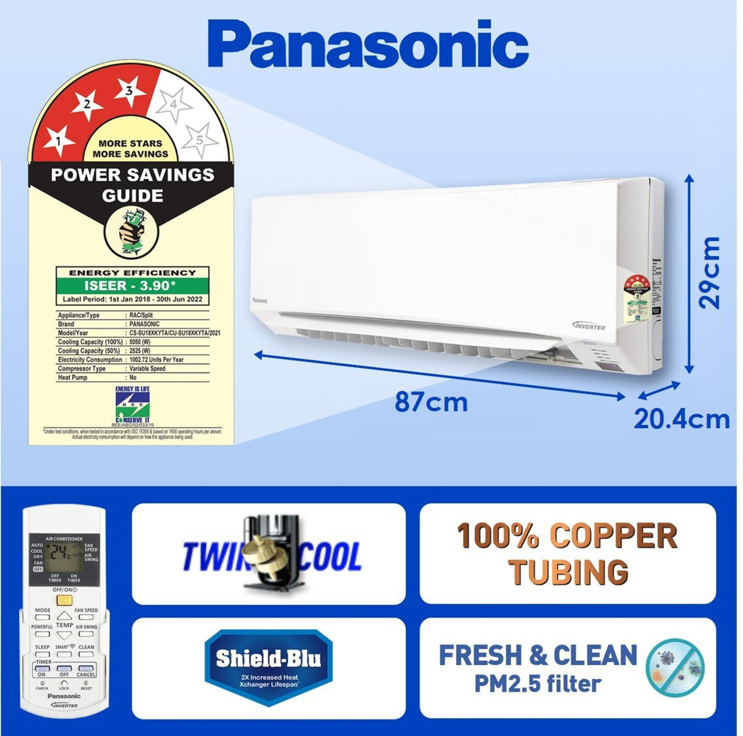 Image of Panasonic 1.5 Ton 3 Star Split Inverter AC with Wi-fi Connect - White (CS /CU-SU18XKYTA, Copper Condenser)