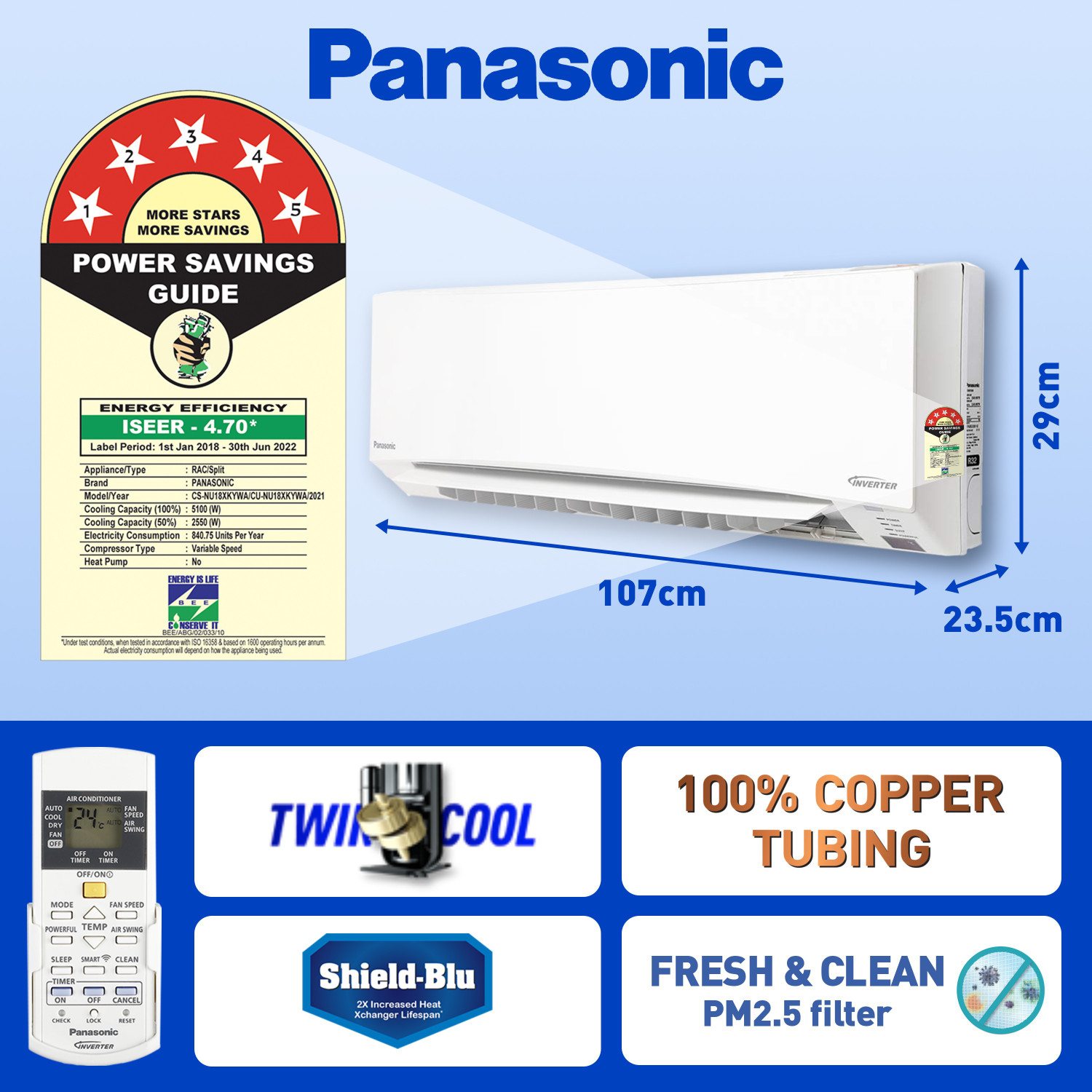 Image of Panasonic 2022 Model 1.5 Ton 5 Star Split Inverter with Wi-fi AC