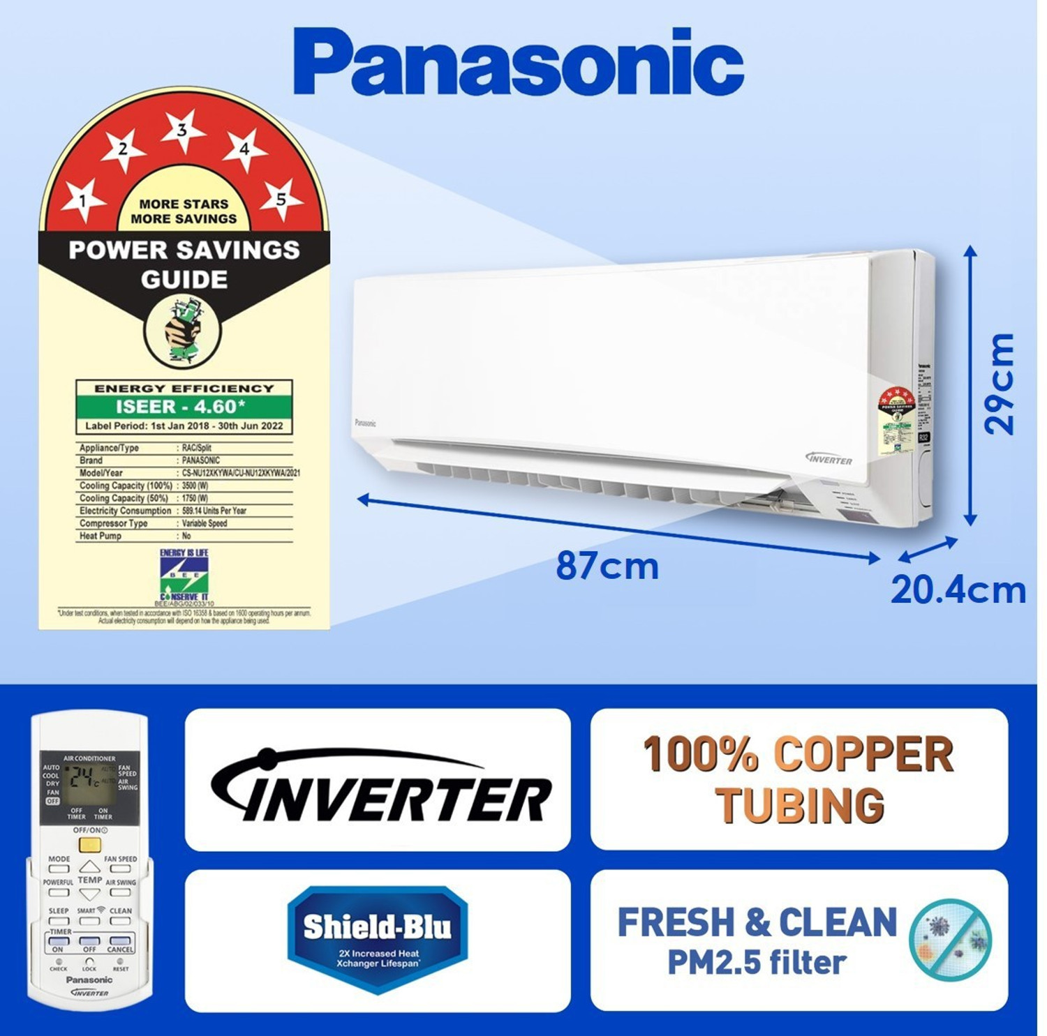 Image of Panasonic 1 Ton 5 Star Split Inverter AC with Wi-fi Connect - White (CS /CU-NU12XKYWA, Copper Condenser)