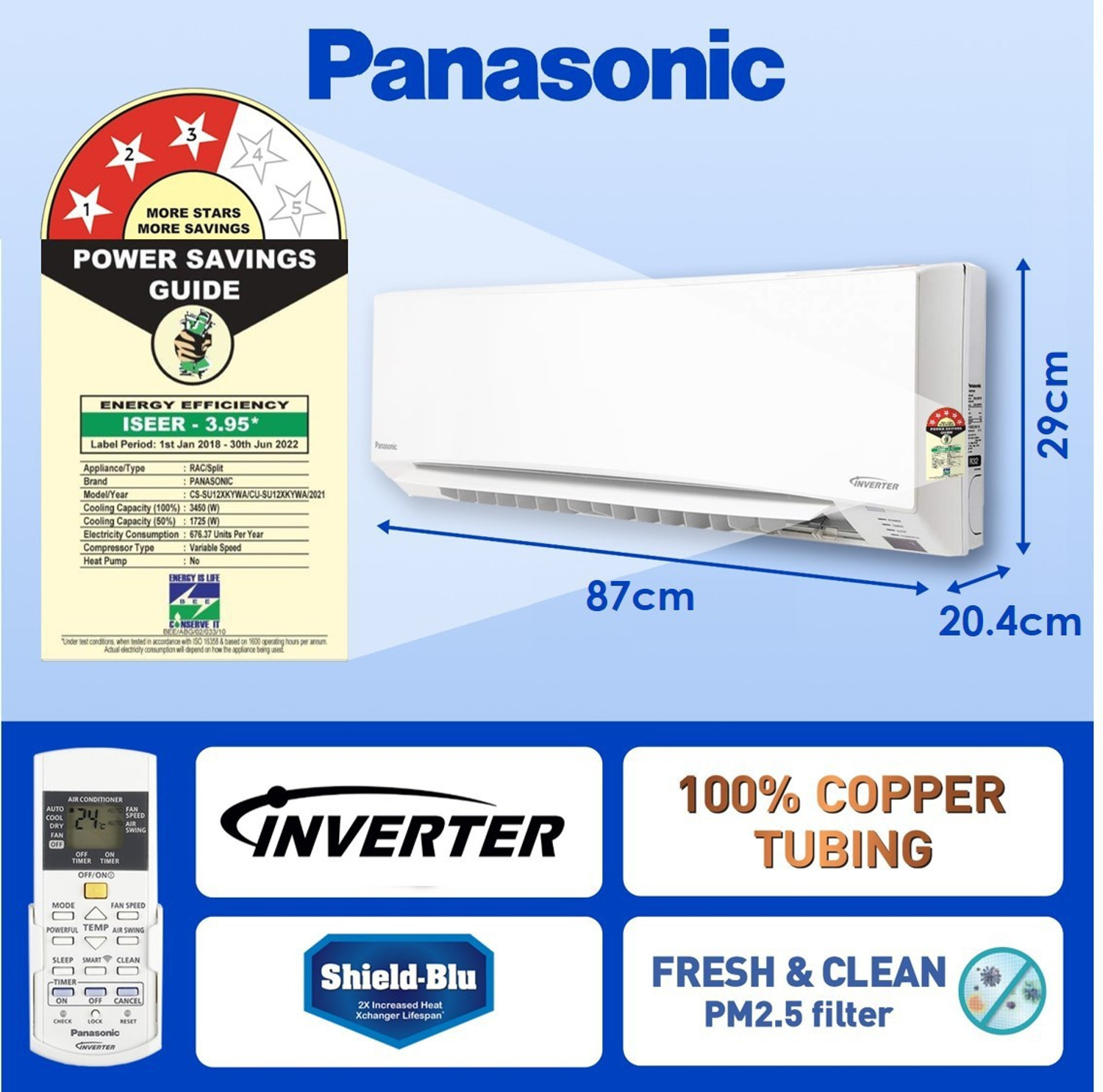 Image of Panasonic 1 Ton 3 Star Split Inverter AC with Wi-fi Connect - White (CS /CU-SU12XKYWA, Copper Condenser)