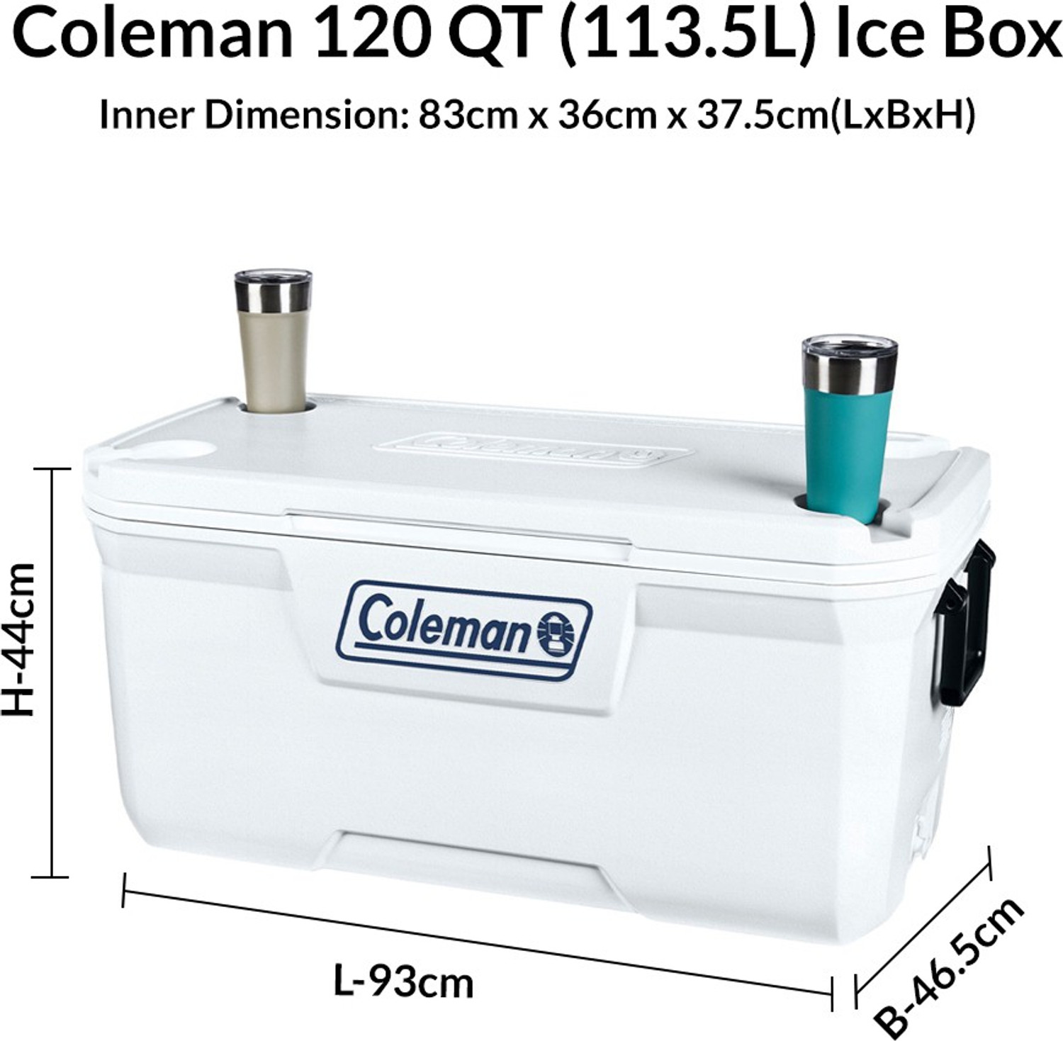 Image of COLEMAN 120 QT Xtreme Marine Ice Box, extra large 113L cooler box, holds ice for up to 5 days, capacity 204 cans, superior insulation, UV protection, high-quality made in USA, blue