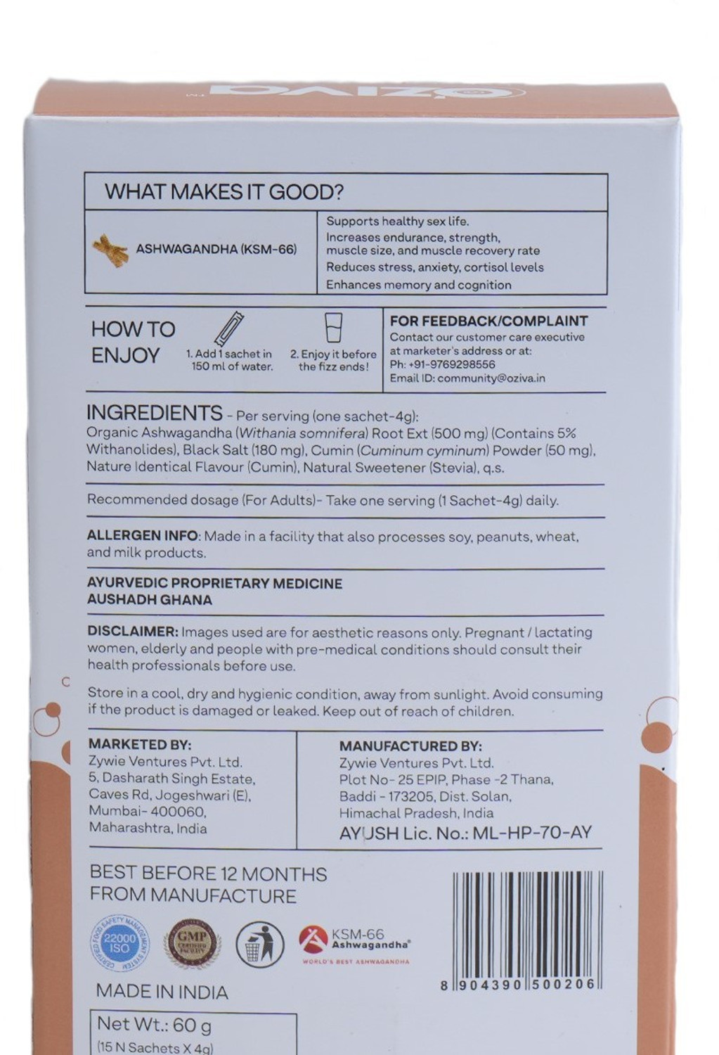 Image of OZiva Ashwagandha Fizzy Drink for Stress Management, Muscle Health