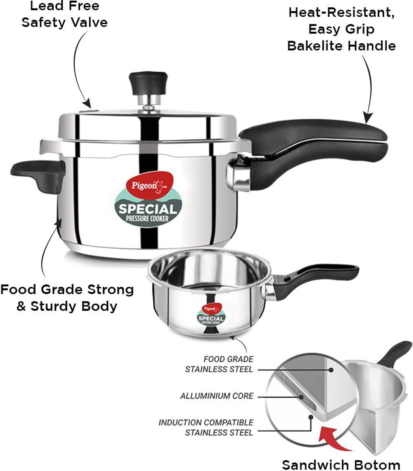 Image of Pigeon Special and 2 L, 3 L, 5 L Outer Lid Induction Bottom Pressure Cooker