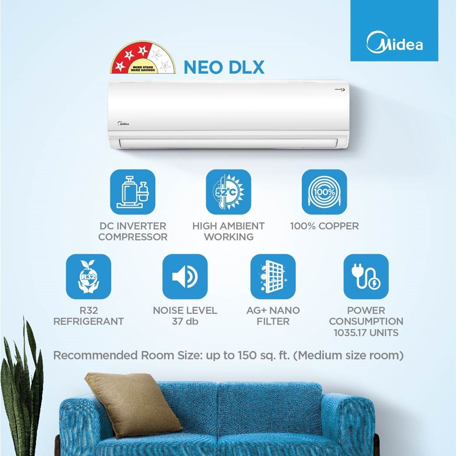 Image of Midea 1.5 Ton 3 Star Split Inverter AC - White (18K 3 Star Santis Neo DLX Inverter R32 Split AC, Copper Condenser)