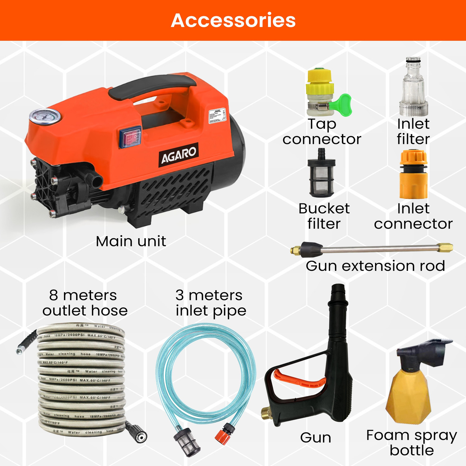 Image of AGARO Supreme 1800 Watt, 120 Bar, 6.5L /Min Flow Rate, 8 Mtr Hose, Car & Bike, High Pressure Washer