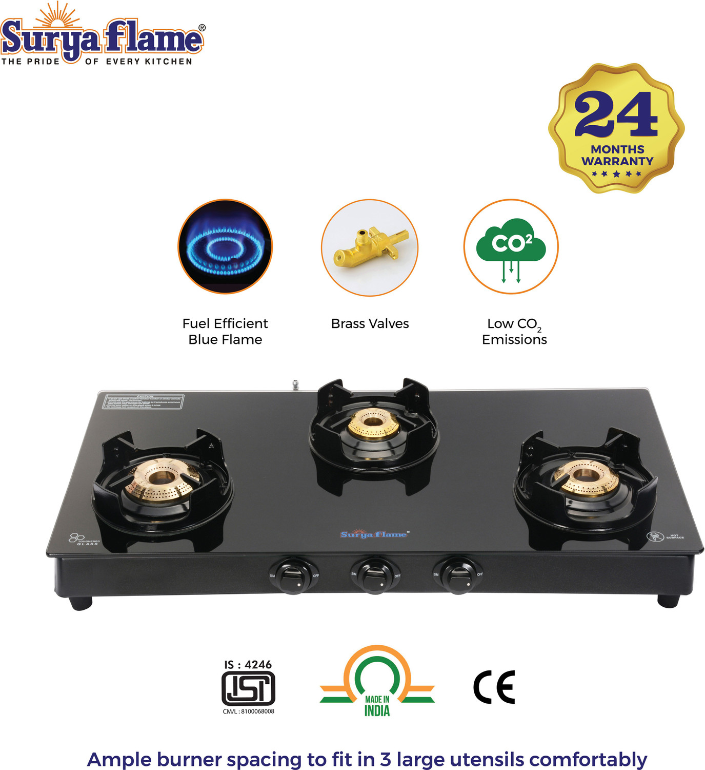 Image of Suryaflame byISI certified LPG 3 Burner Cooktop Black Knight Chulha 2 Years Doorstep Service Glass Manual Gas Stove