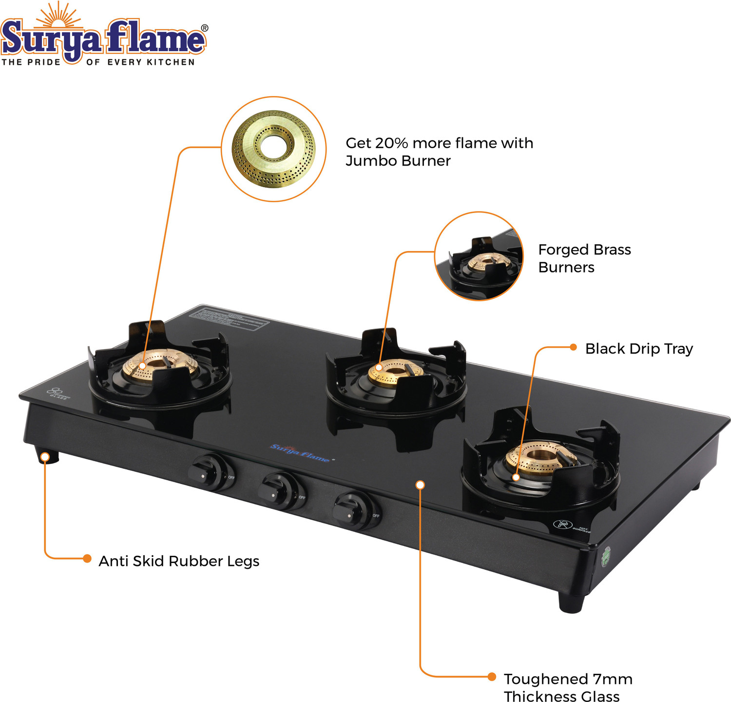 Image of Suryaflame byISI certified LPG 3 Burner Cooktop Black Knight Chulha 2 Years Doorstep Service Glass Manual Gas Stove