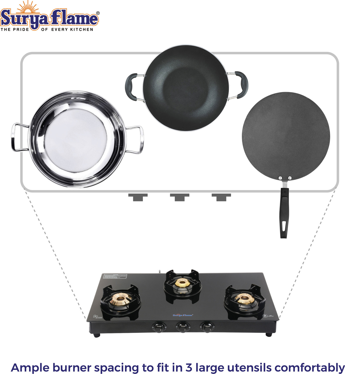 Image of Suryaflame byISI certified LPG 3 Burner Cooktop Black Knight Chulha 2 Years Doorstep Service Glass Manual Gas Stove