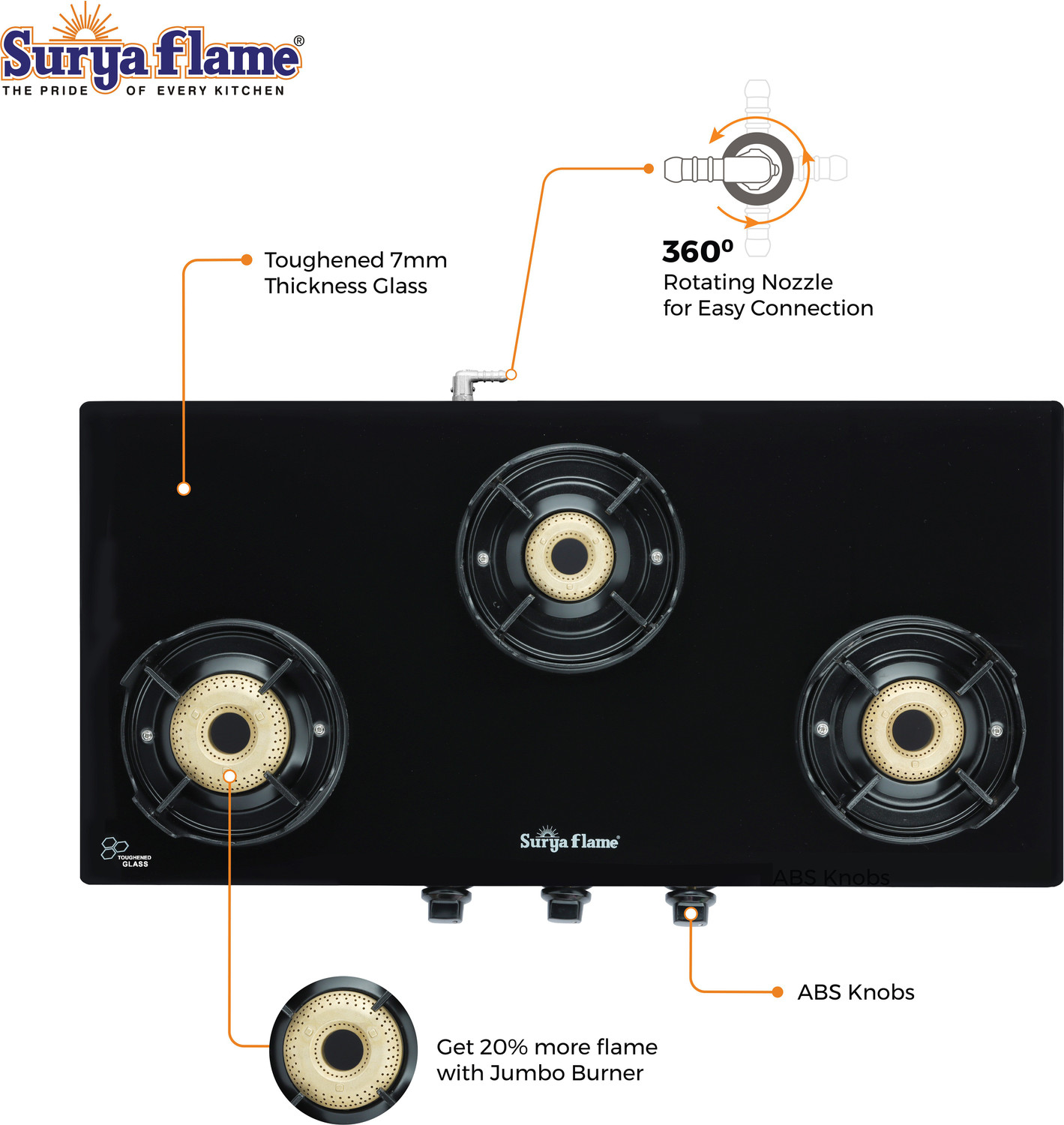 Image of Suryaflame byISI certified LPG 3 Burner Cooktop Black Knight Chulha 2 Years Doorstep Service Glass Manual Gas Stove