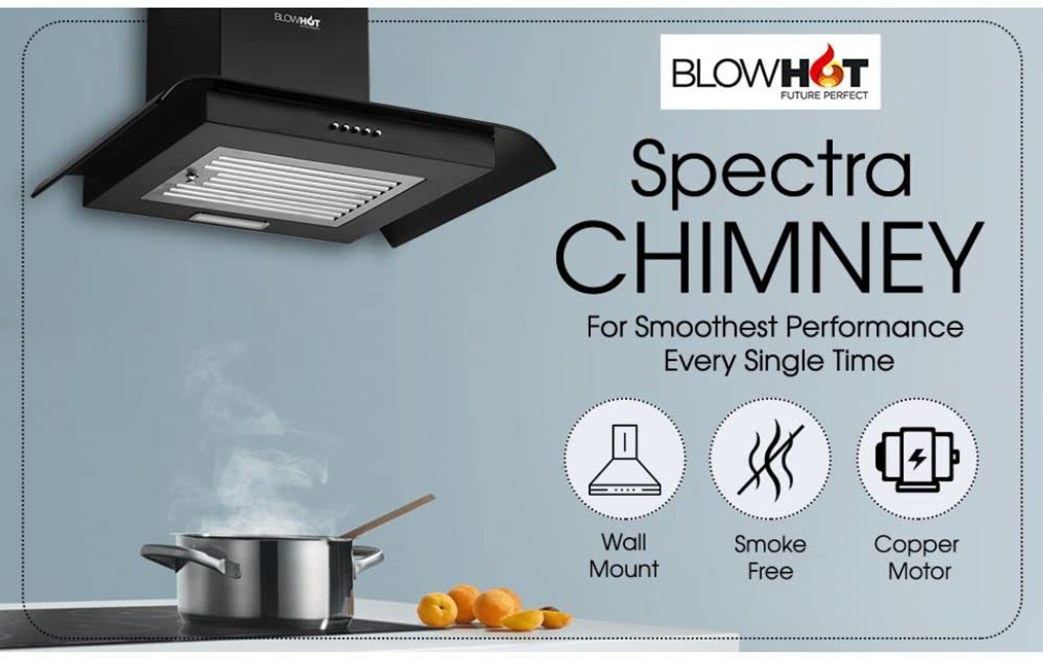 Image of BLOWHOT 60cm Spectra Chimney 800m3 /h Suction Power, Baffle Filter For Modular Kitchen Wall Mounted Black 800 CMH Chimney